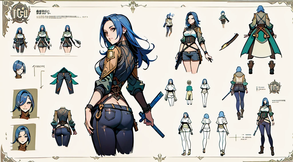 Close-up of a girl in a gun costume, ((character concept art)), ((character design sheet, same character, front, side, back)) maple story character art, video game character design, video game character design, maple story gun girl, expert high detail concept art, metal bullet concept art, funny character design, Lucio as a woman, gravity rush inspiration, sticky tar. Concept art, belt buckle at waist, steampunk weapon,