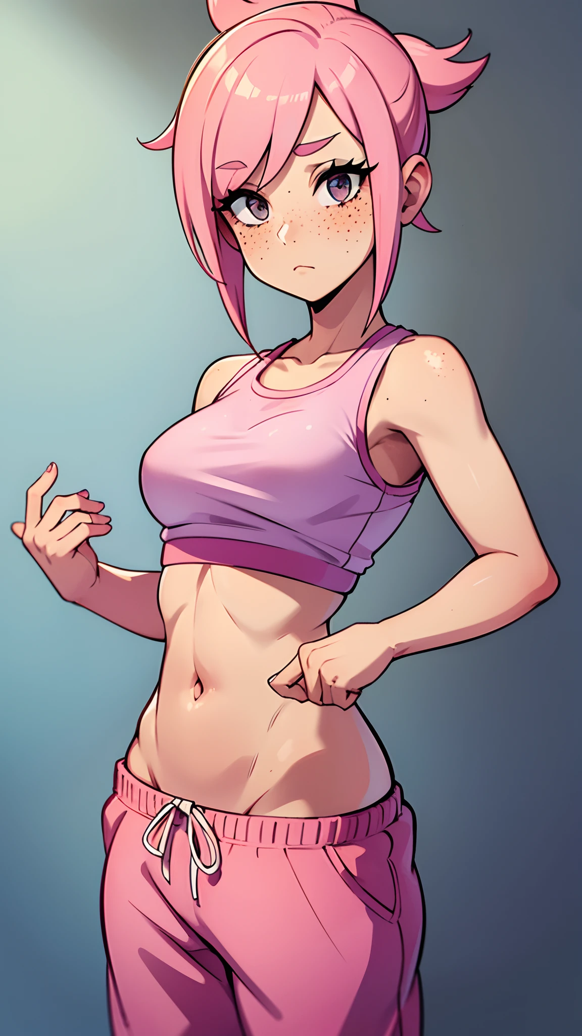 Woman in crop top and sweats, pastel pink hair, brown eyes, freckles, cute expression