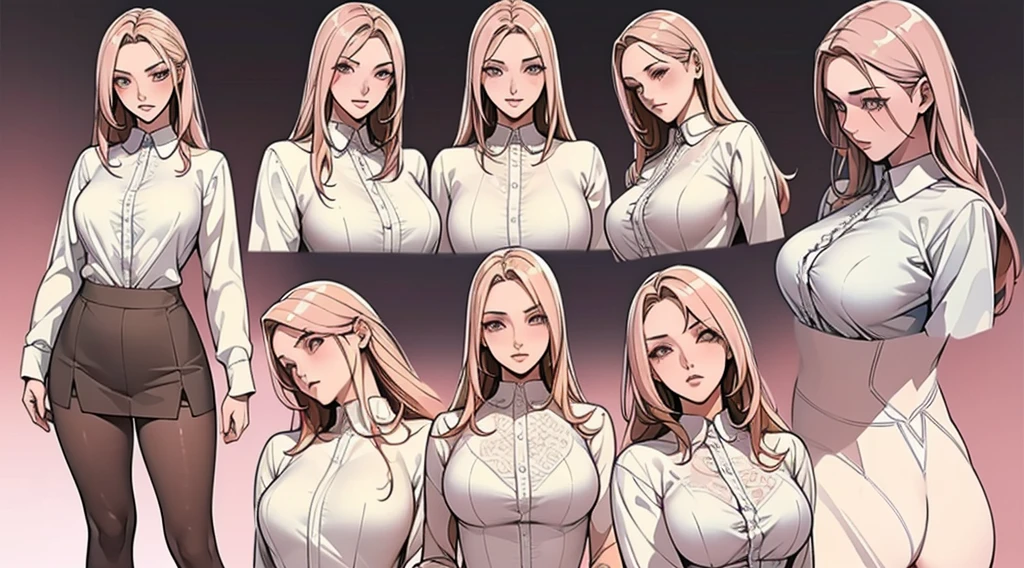 ((Masterpiece, Highest quality)), Detailed face, CharacterDesignSheet,full bodyesbian, perfectly proportions,Full of details, Multiple poses and expressions, Highly detailed, Depth, Many parts,Beautiful age girl,Suits,lacepantyhose,Light pink pupils,epic exquisite character art,Natural light