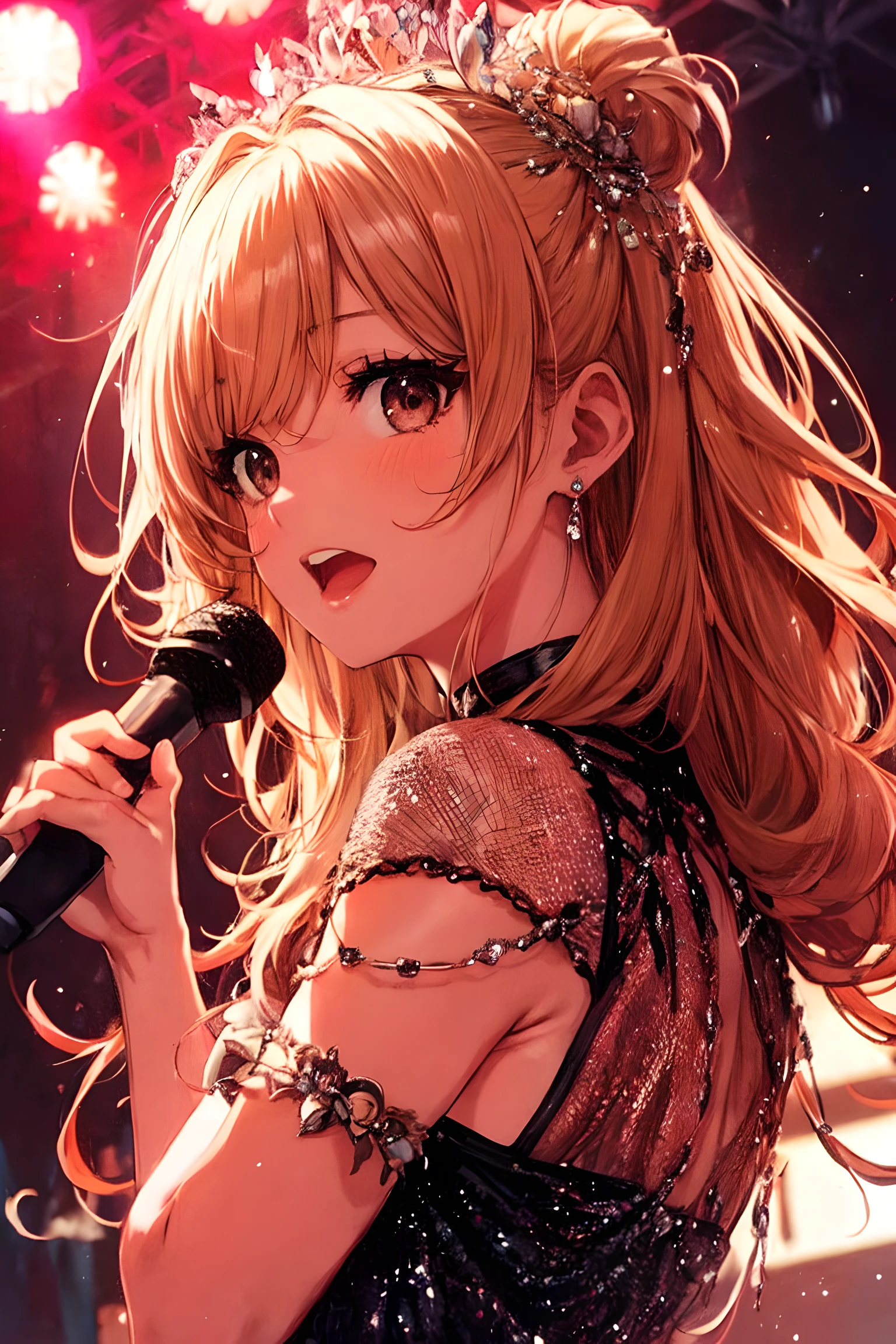 A extremely pretty and beautiful K-pop female idol, singing at live stage in ゴンドラ, 
BREAK,
Close-up of face, singing scene, dress scene, looking the viewer, 
BREAK,
Represent idol in bright colors, Represent idol dress in colorful colors, Represent idol's singing voice in warm colors