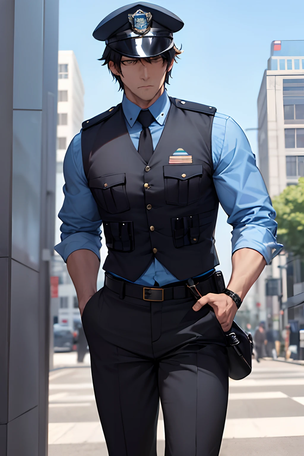 Tall strong man, muscular male, short black hair, police hat, police uniform, kevlar vest, long sleeves, blue hat, blue shirt uniform, dark blue / black pants, male, strong, powerful, standing in a city