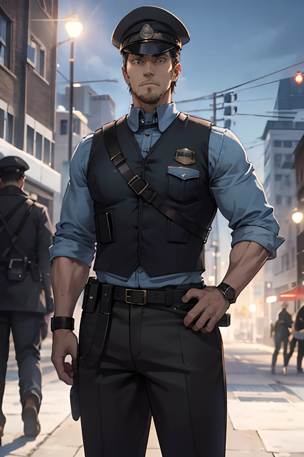 Tall strong man, muscular male, short black hair, police hat, police uniform, kevlar vest, long sleeves, blue hat, blue shirt uniform, dark blue / black pants, male, strong, powerful, standing in a city, golden watch on wrist, light stubble, detailed eyes