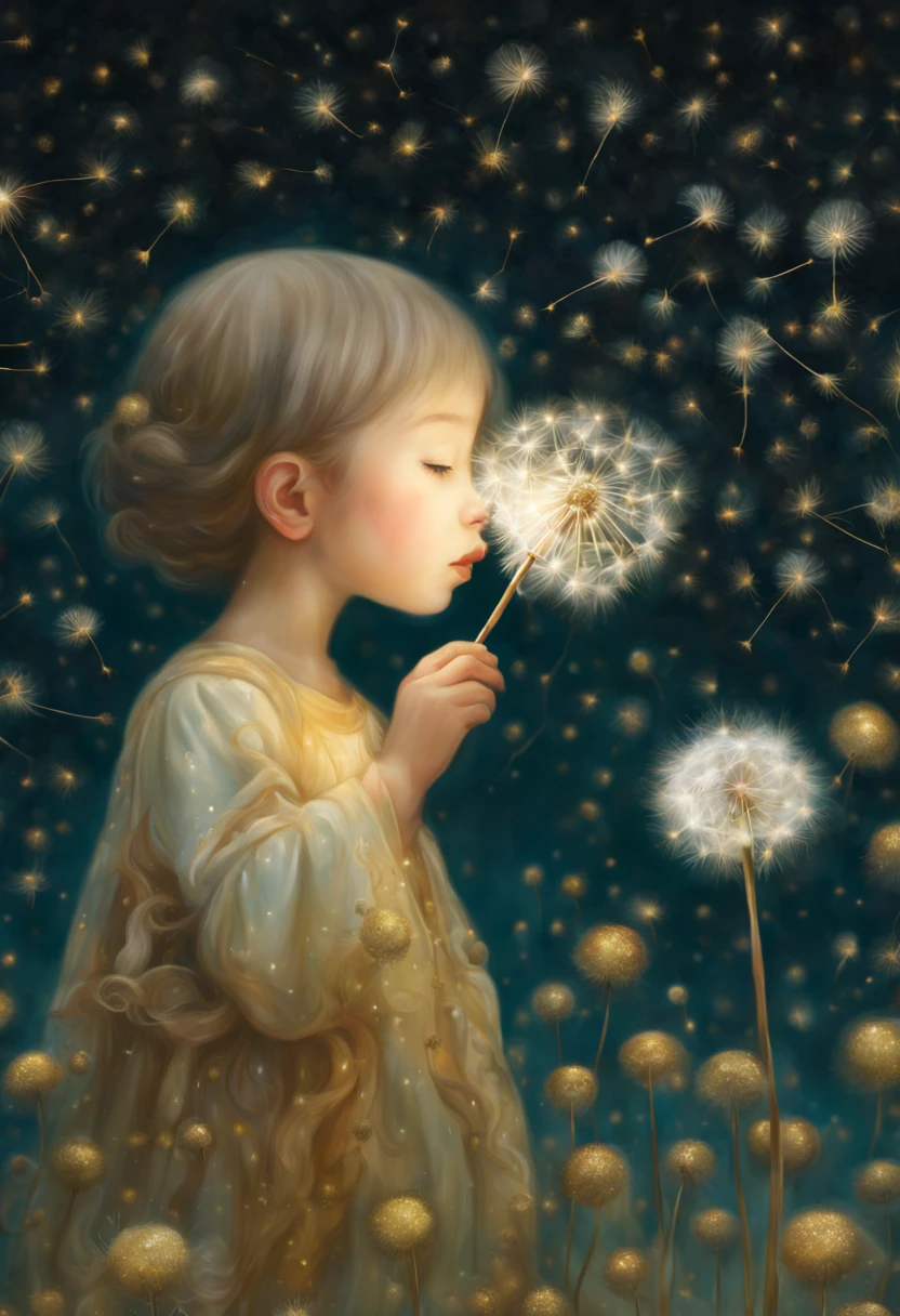 a painting of a woman blowing a dandelion, close up of a young girl, kopera, inspired by nicoletta ceccoli, will murai, floating among stars, author unknown, john stephens, by Lin Tinggui, channeling mystical energy, interconnected, gold dust, francesco may wilson, HDRI