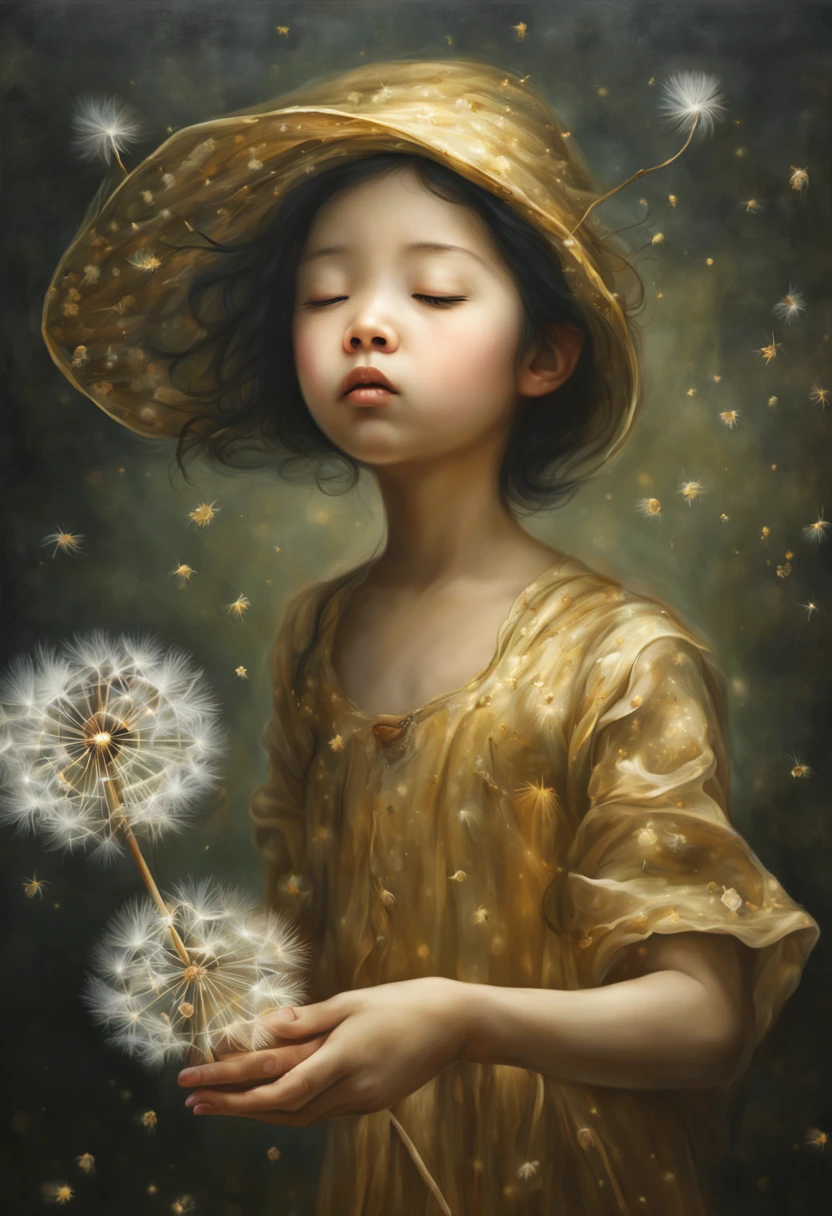 a painting of a woman blowing a dandelion, close up of a young girl, kopera, inspired by nicoletta ceccoli, will murai, floating among stars, author unknown, john stephens, by Lin Tinggui, channeling mystical energy, interconnected, gold dust, francesco may wilson, HDRI