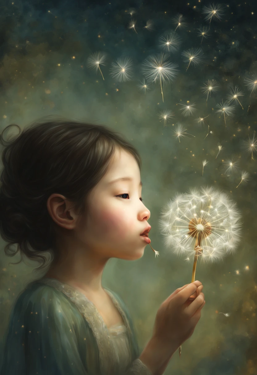 a painting of a woman blowing a dandelion, close up of a young  girl, kopera, inspired by nicoletta ceccoli, will murai, floating among stars, author unknown, john stephens, by Lin Tinggui, channeling mystical energy, interconnected, gold dust, francesco may wilson, HDRI