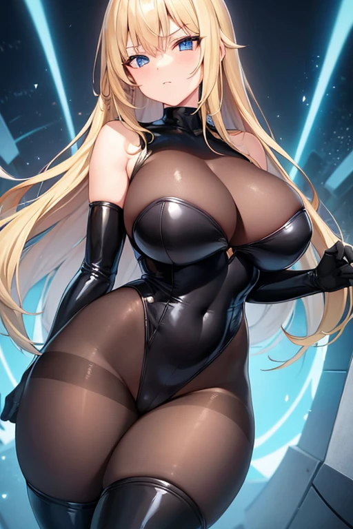 1girl, blonde hair, large breasts, breasts, thick thighs, wide hips, blue eyes, bodysuit, black bodysuit, pantyhose, long hair, serious, science-fiction, tech, futuristic, black pantyhose, thighhighs, neon, black clothes, machinery