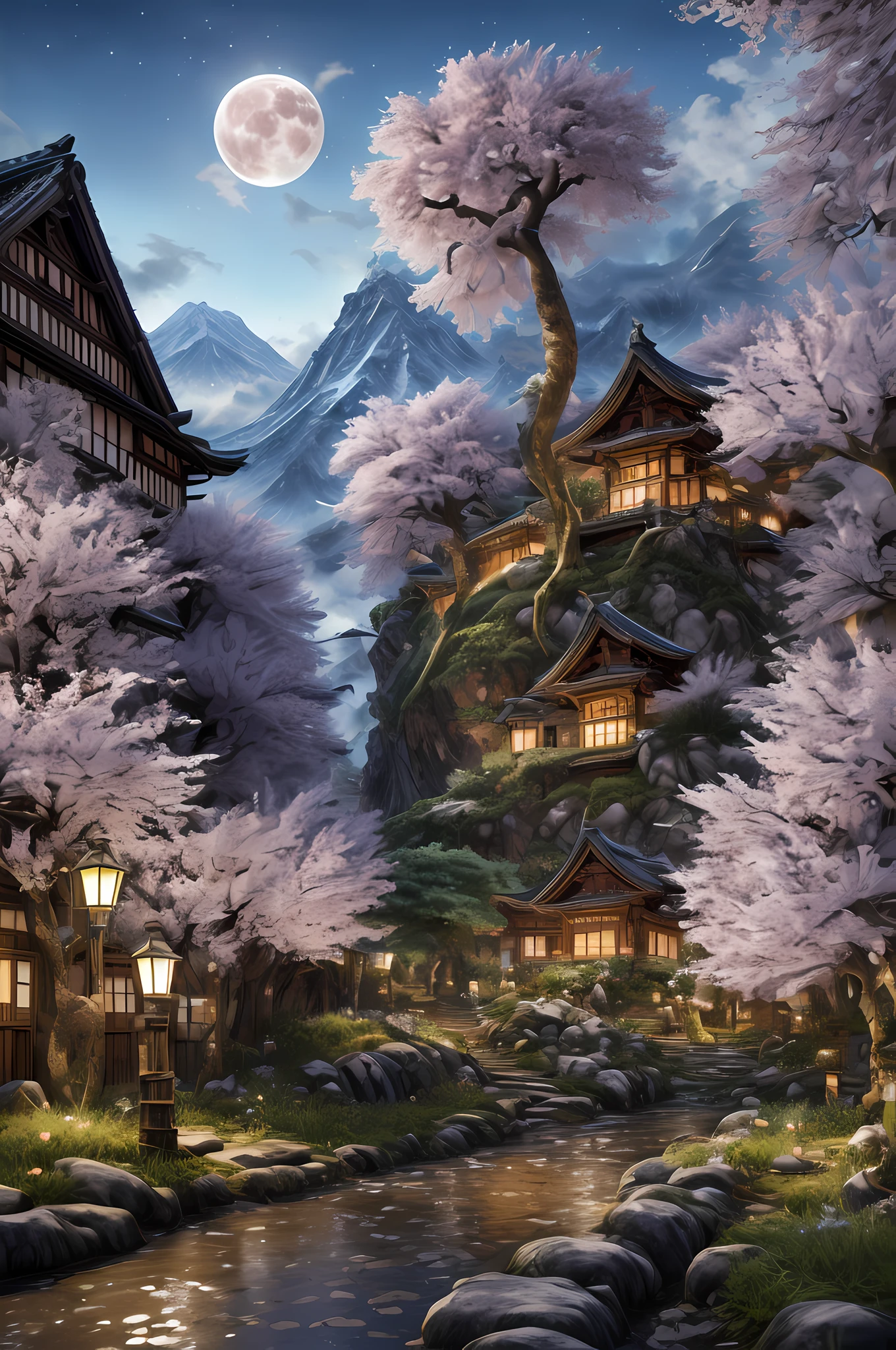 fantasy art, RPG art, an award winning, National Geographic illustration, of an epic sabertooth tiger (best details, Masterpiece, best quality: 1.5)  crouching under a massive epic cherry tree (best details, Masterpiece, best quality: 1.5) 16k, ultra detailed, masterpiece, best quality, (extremely detailed) , its night time, moon light, stars light, Japanese Mediaeval street 3d rendering