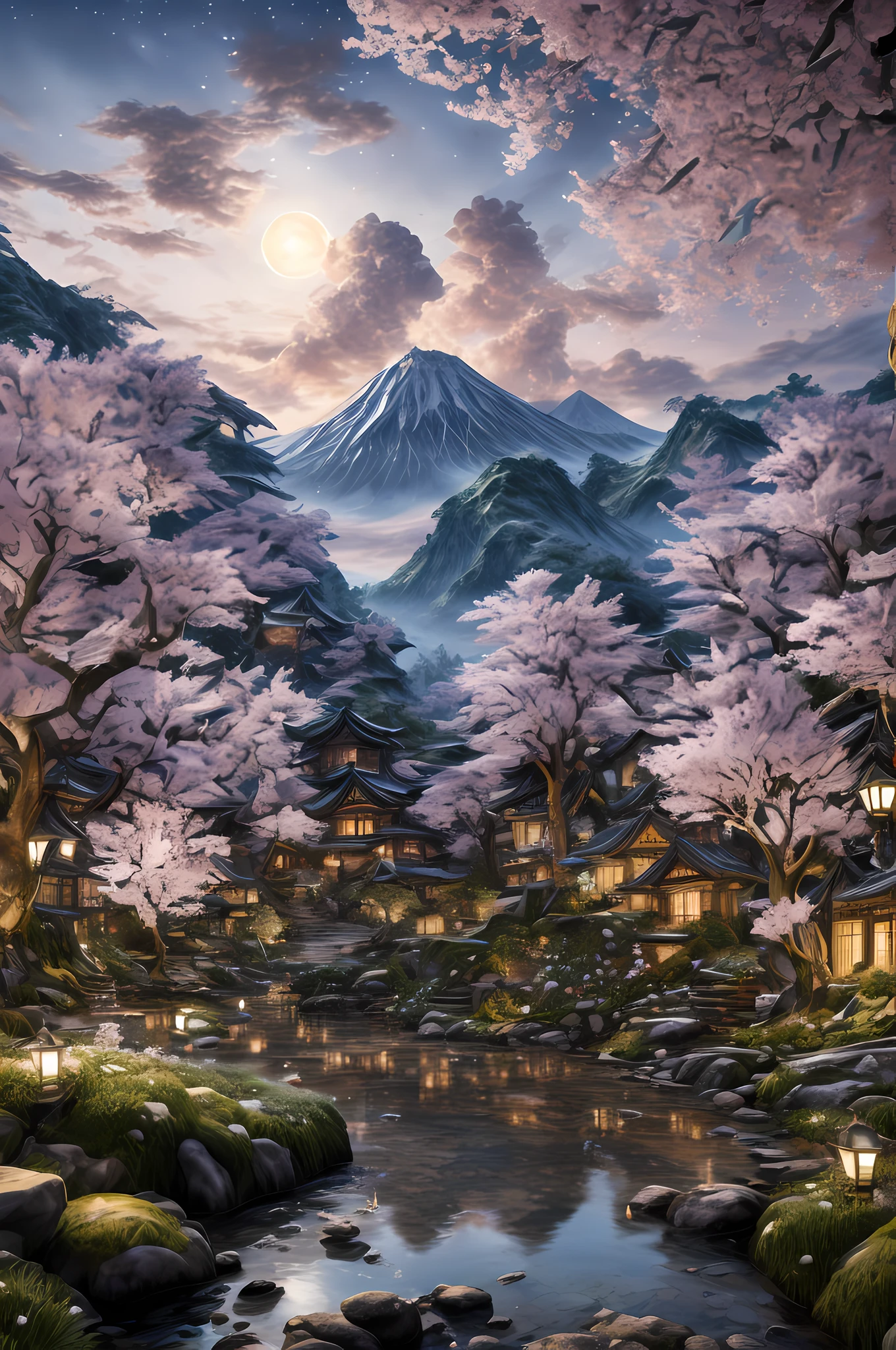 fantasy art, RPG art, an award winning, National Geographic illustration, of an epic sabertooth tiger (best details, Masterpiece, best quality: 1.5) crouching under a massive epic cherry tree (best details, Masterpiece, best quality: 1.5) 16k, ultra detailed, masterpiece, best quality, (extremely detailed) , its night time, moon light, stars light, Japanese Mediaeval street 3d rendering