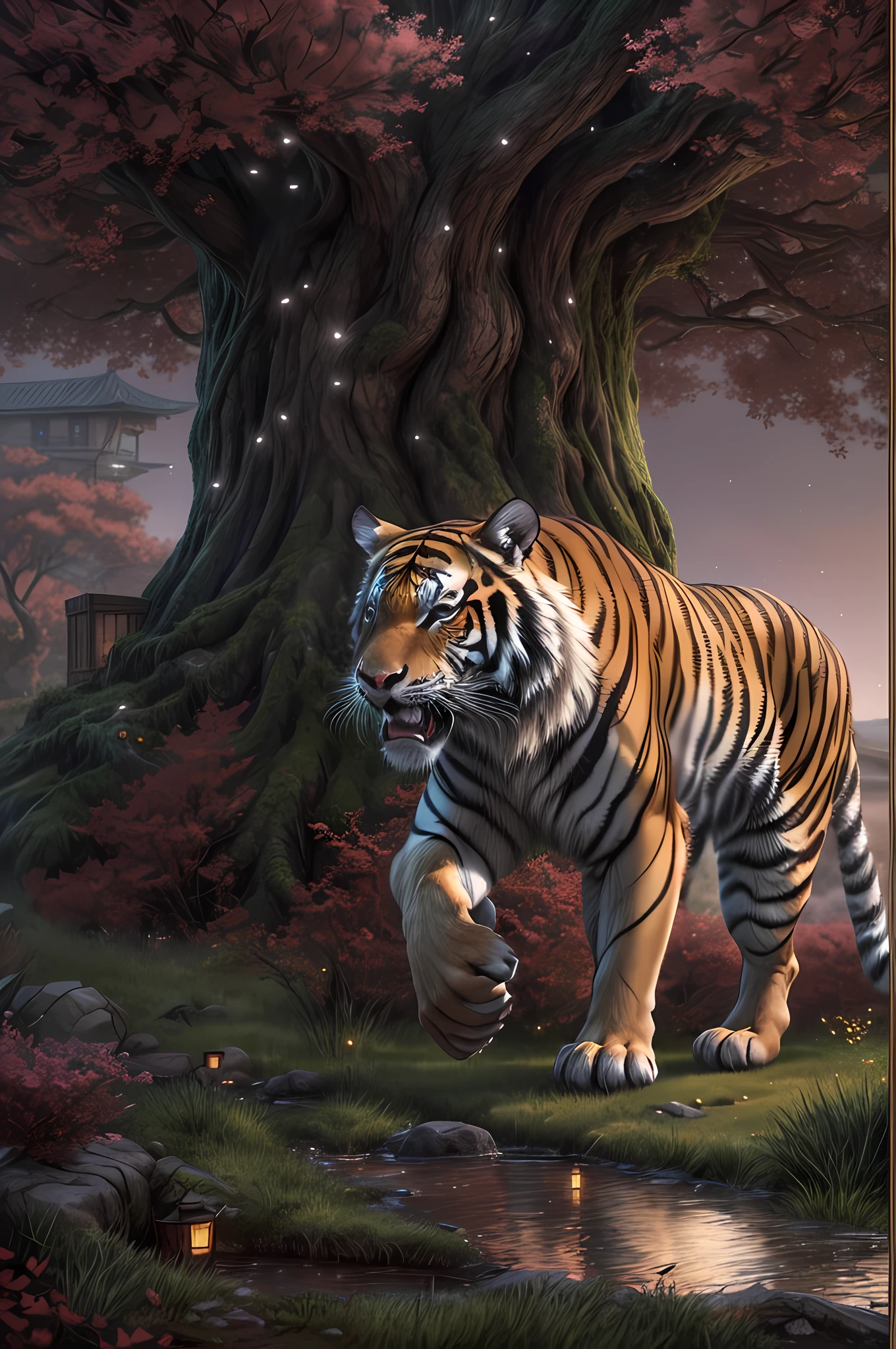 fantasy art, RPG art, an award winning, National Geographic illustration, of an epic saber tooth tiger(best details, Masterpiece, best quality: 1.5) crouching under a massive epic cherry tree (best details, Masterpiece, best quality: 1.5) 16k, ultra detailed, masterpiece, best quality, (extremely detailed) , its night time, moon light, stars light, Japanese Mediaeval street 3d rendering