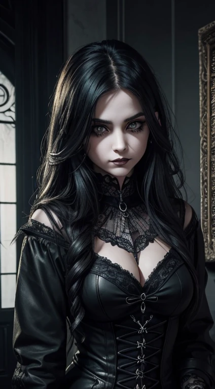 A sarcastic, mean, gothic school girl with piercing eyes and a mischievous smirk, her dark clothing and heavy eyeliner adding to her rebellious aura. This mesmerizing image, rendered as a hauntingly beautiful painting, captures the essence of her edgy personality. Deep shadows and dramatic lighting accentuate her distinct features, while every brushstroke breathes life into the image, making it a true masterpiece. Viewers will be captivated by the intricate details and high level of artistry, immersing themselves in the enigmatic world of this captivating girl.