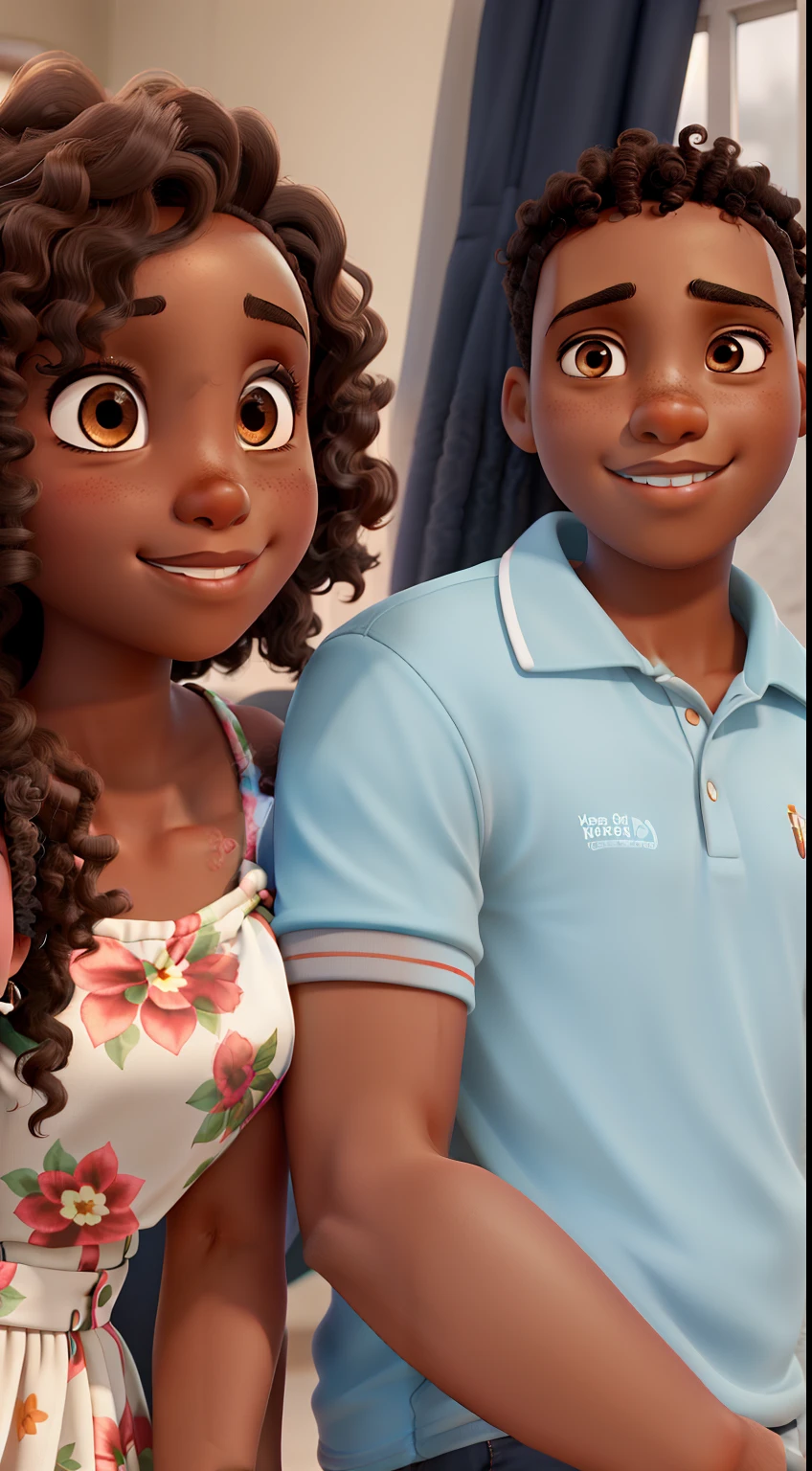 A dark-skinned, curly-haired girl with brown eyes hugging a dark-skinned boy