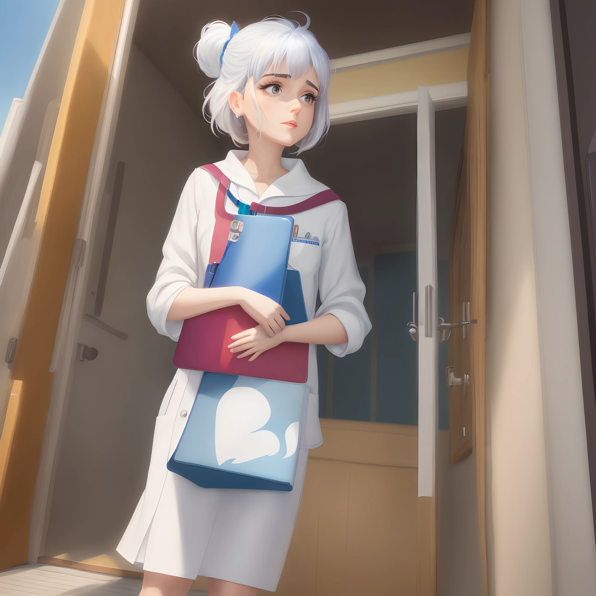 Realizar imagem estilo Disney Pixar, mulher de 34 anos, branca, mediana, Scrubs azul Royal, written UP in white on the pocket with Lislaine's name also on the pocket, with an iPad in his hand and a littmam stethoscope around his neck