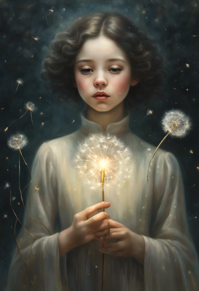 a painting of a woman blowing a dandelion, close up of a young girl, Tom Bagshaw , inspired by nicoletta ceccoli, will murai, floating among stars, author unknown, john stephens, by Lin Tinggui, channeling mystical energy, interconnected, gold dust, francesco may wilson, HDRI
