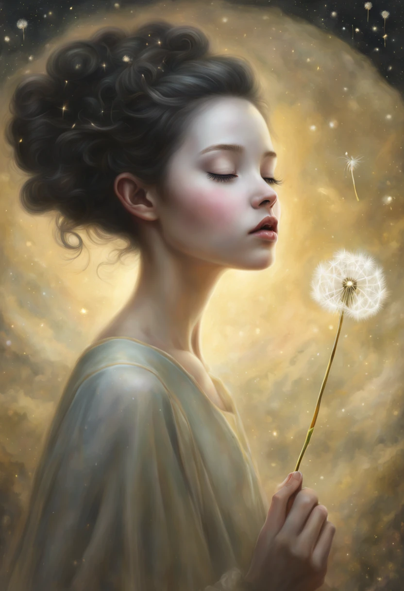 a painting of a woman blowing a dandelion, close up of a young  girl, Tom Bagshaw , inspired by nicoletta ceccoli, will murai, floating among stars, author unknown, john stephens, by Lin Tinggui, channeling mystical energy, interconnected, gold dust, francesco may wilson, HDRI