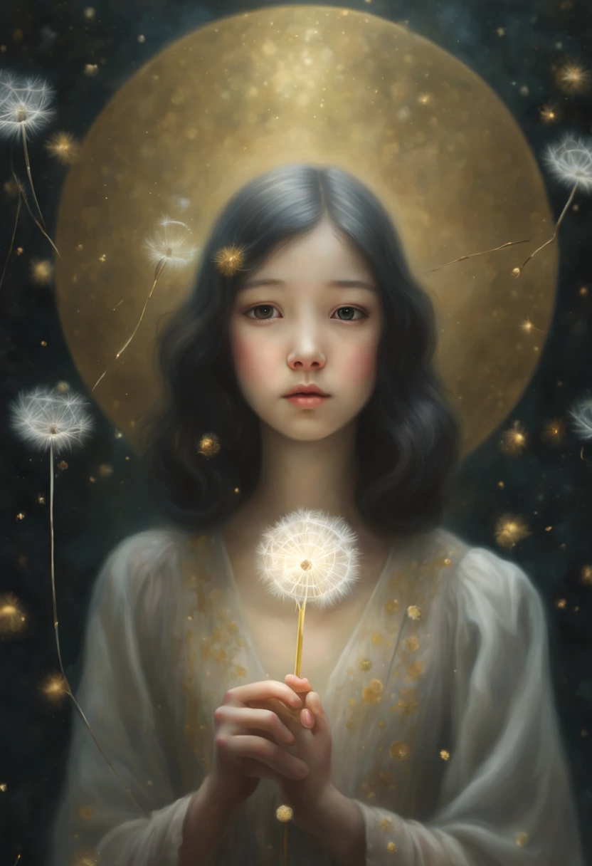 a painting of a woman blowing a dandelion, close up of a young girl, Tom Bagshaw , inspired by nicoletta ceccoli, will murai, floating among stars, author unknown, john stephens, by Lin Tinggui, channeling mystical energy, interconnected, gold dust, francesco may wilson, HDRI