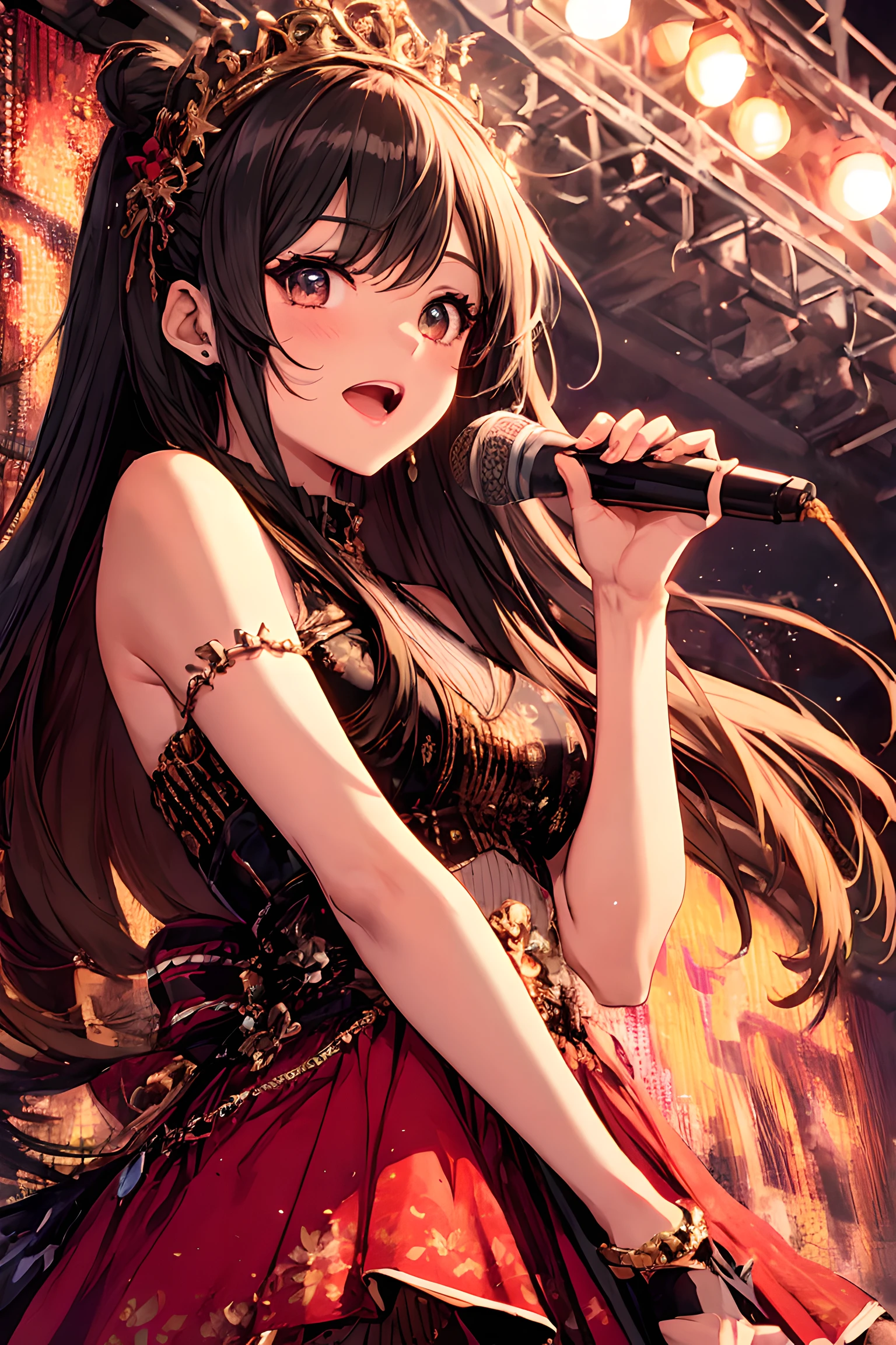 A extremely pretty and beautiful K-pop female idol, singing at live stage in ゴンドラ,
BREAK,
Close-up of face, singing scene, dress scene, looking the viewer,
BREAK,
Represent idol in bright colors, Represent idol dress in colorful colors, Represent idol's singing voice in warm colors