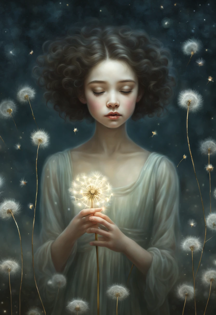 a painting of a woman blowing a dandelion, close up of a young  girl, Tom Bagshaw , inspired by nicoletta ceccoli, will murai, floating among stars, author unknown, john stephens, by Lin Tinggui, channeling mystical energy, interconnected, gold dust, francesco may wilson, HDRI