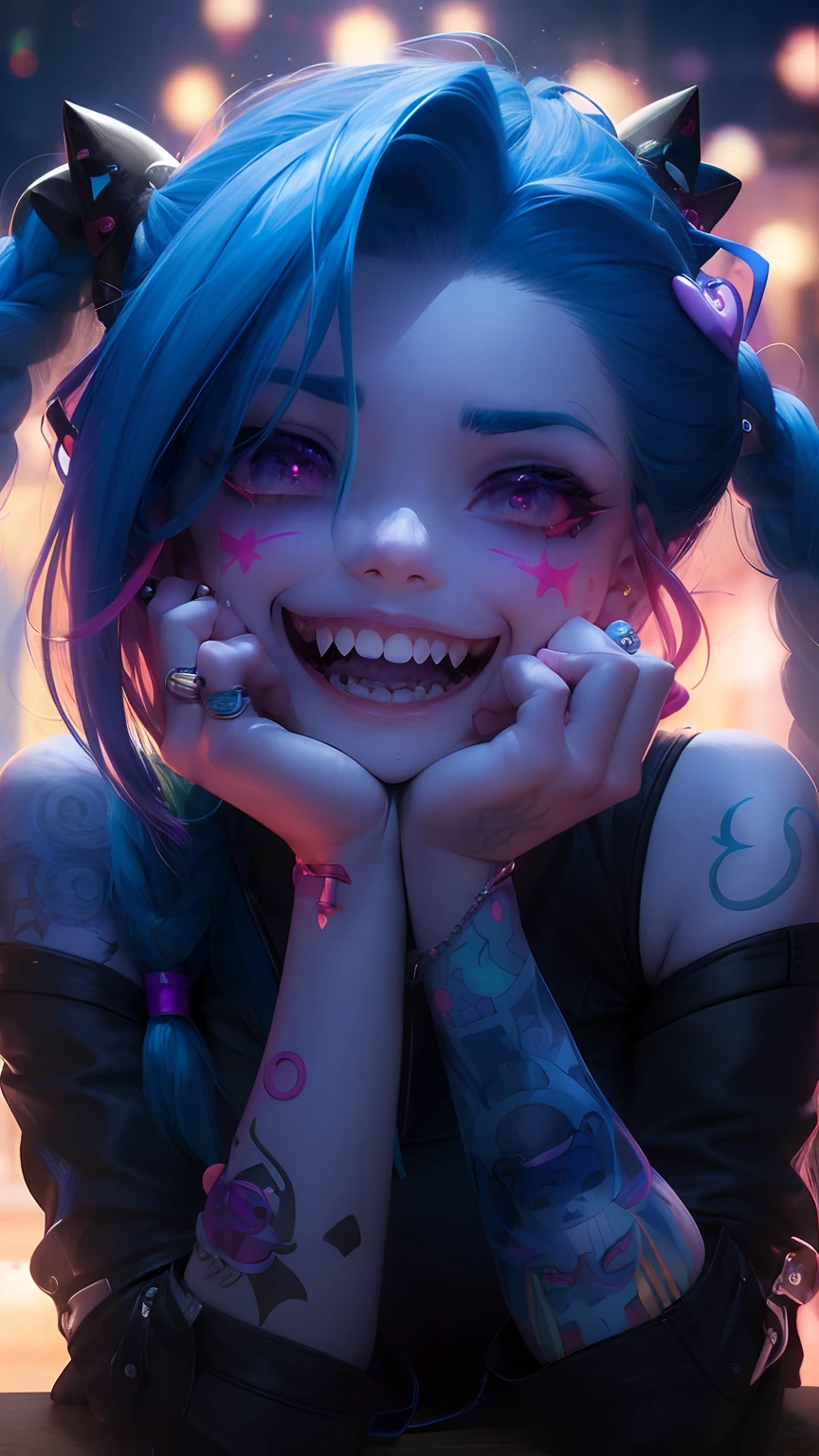 Un primer plano de una persona con cabello azul y piercings, Cara Jinx, Retrato de Jinx de Arcane, jinx expression, RossDrew Cartoon Vibrante, Jinx de League of Legends, inspirado por Ross Tran, Artgerm extremadamente detallado, She is grinning, Estilo Ross Tran, Ross Tran!!!, por Ross Tran, Al estilo de Ross Tran