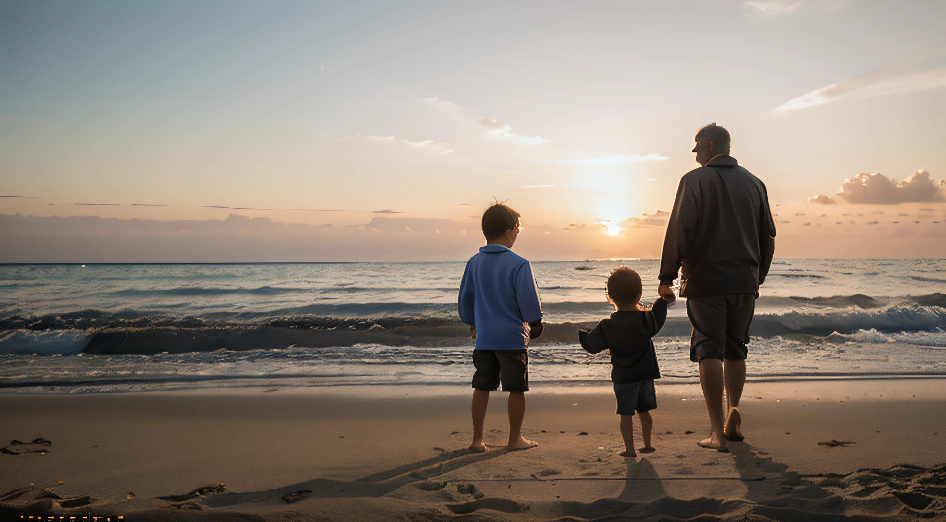 Father and son themed picture at beach during sunset looking away, cinematic, mood lighting, hyper realistic photo, cinematic photo, 8k render, wide shot, (((full body shot))), facial light