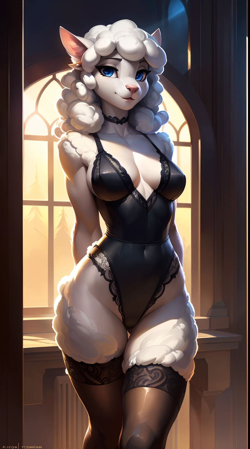 uploaded on e621, by Pixelsketcher, by Bayard Wu, by Thomas Benjamin Kennington, by Einshelm, solo anthro, ((Portrait)), BREAK, ((Wear a black sparkle dress)), (Lace Model Underwear), ((mouth open)), (detailed Bonifasko lighting), Nature Purity, (Detailed fur), (detailed skin), BREAK, (hands on the waist), ((facing viewer with legs spread)), (Cinematic lighting), ((Detailed background)), (half body shadow), [Backlighting], [crepuscular ray], [Detailed ambient light], [gray natural lighting], [ambient light on the belly], (higher wildlife feral detail), [explict content], [sharp-focus], (Questionable content), (shaded), ((Masterpiece), Long curly hair, white hair, wool hair, Average Breasts, pectoral muscles, Fluffy fallow lamb, furry fantasy art, anthro art, commission for high res, Furry art, pov furry art, Sakimichan is beautiful, Masterpiece, small breasts, Best Quality, Detailed image, Bright colors, Detailed Face, perfect  lighting, Perfect shadows, Perfect eyes, focus on girl, flawless face, gorgeous body, dark skin, Hourglass body, shiny body, feet focus, Girl Lan, Fluffy, fluffy woman, Body fur, Animal nose, toned fur, gaze at the viewer, half closed eyes, 1girl, full body, (Masterpiece:1.2), (Best Quality:1.2), (illustartion:1.2), (Cinematic lighting:1.3), Detailed fur, Balanced coloring, Global Illumination, Ray Tracing, good lighting, Fallow lamb, (wool:1.2), short lamb tail, Furry, anthro, showing hips, attractive body, sexy body, looking a viewer, seductive gaze, thick-thighs, fit body, Best Stockings, (hooves), Suggested Pose, Seductive Leg Pose, Dressing room, put on stockings,