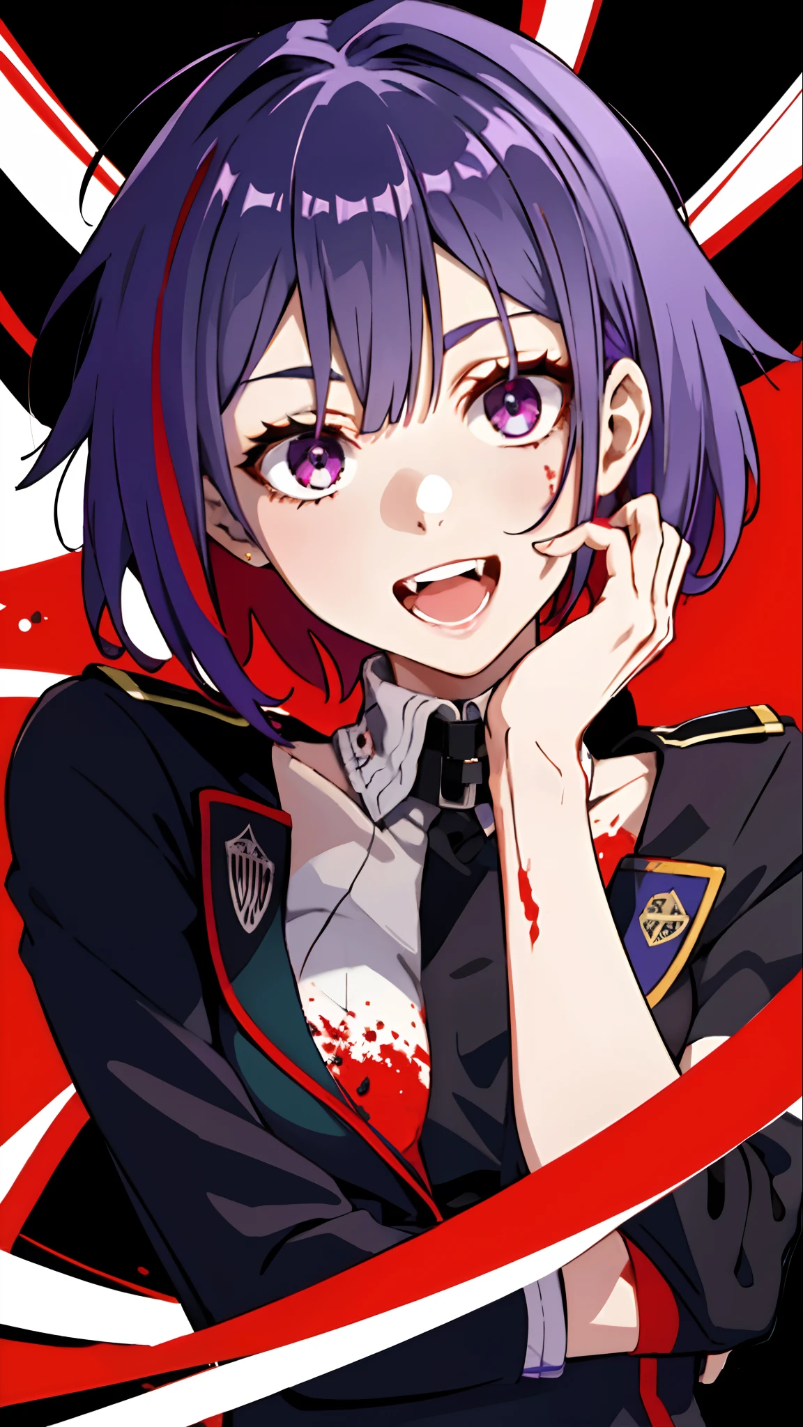 original character , 1girl, (crazy smile:1.2) , short purple hair , bangs , crazy eyes , hands on face , blood splatter on face , red and black color scheme, open mouth, (wide-eyed:1.2), glowing eyes