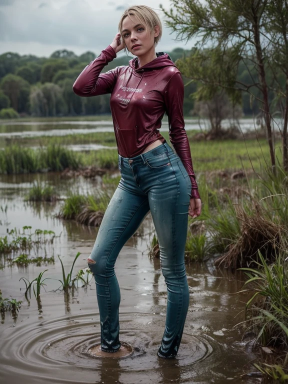 Mature vicious emaciated tormented woman, (Flares on fitted jeans:1.1), Drowning standing in a muddy swamp on the shin:1.2, Completely Body, For fading skin, Cracked wrinkles, pixie cut, Dirty tight hoodie, dramatic, atmospheric, photografic, Soaking wet clothes