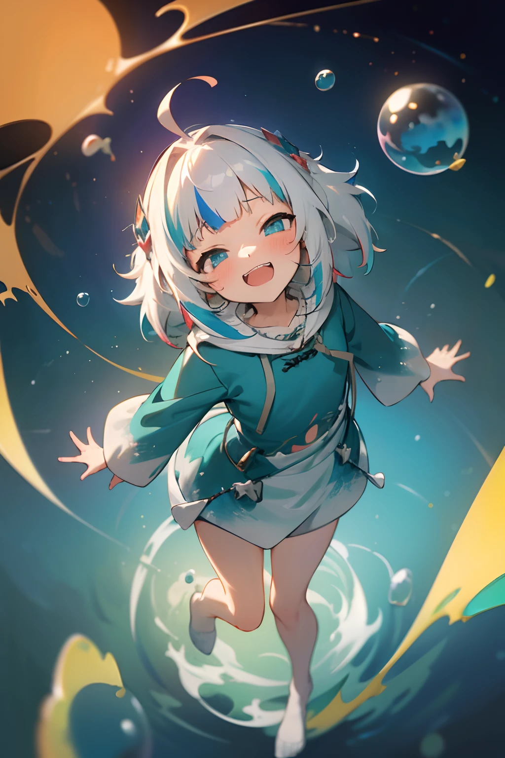 ((Gawr gura)), ((Masterpiece)), (highly saturated), from above, (High Definition:1.3), (Professional Photography:1.2), (flat body), (flat chest), ahoge, messy hair, (blush, very naughty laugh face), (ultra detailed), 1girl, blue hoodie, exposed legs, space, Earth background, near-earth orbit, full body, (surrounded by colorful splashes and dot), colorful bubble, (shining)