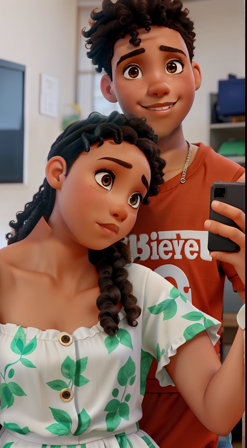 A girl and a young man with brown skin and curly hair