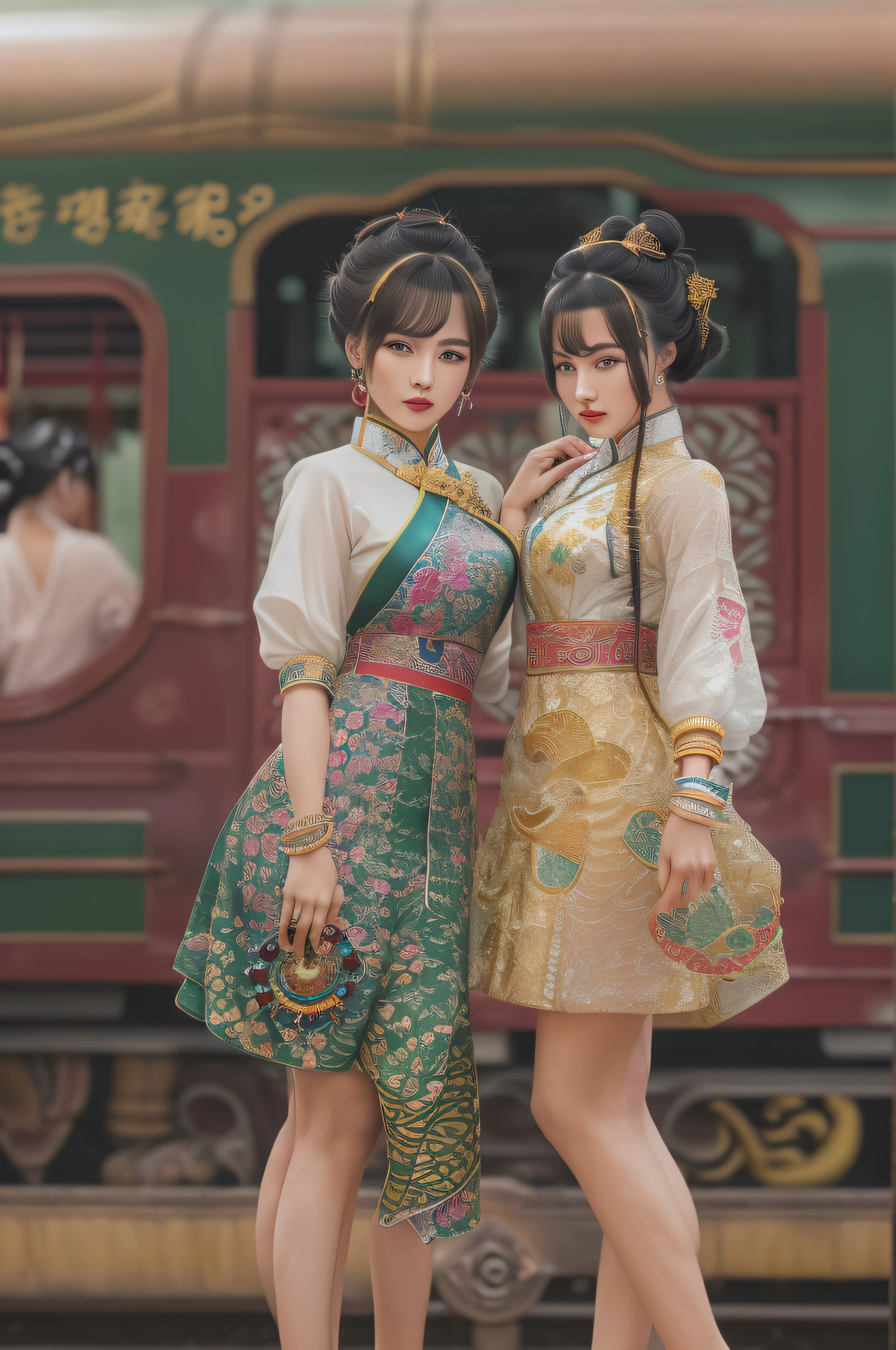 ((Realistic:1.5)),Ulzzang-6500:1.3，((Best quality)), ((Masterpiece)),((Detailed)),2girls,duo,railway station 1920's Shanghai,retro train background:1.4,{2 beautiful women}, (Upper body:1.3),(hair bun,Chinese retro hairpins:1.4),Hug and touch each other breasts while French kissing, Caress your friend's butt, Breathless friends, Biting a friend's earlobe, crouched,super wide shot,Face focus, Long legs,Curvy, Barefoot,Wide hips, Thin legs, Oversized eyes,Long eyelashes, (Detailed face,beautidful eyes, detailed pupils,detailed clothes features), (armlets, bangle:1.3),(Alebriès Art Style),Sharp,Perfect compounding, Intricate, Sharp focus, Dramatic,