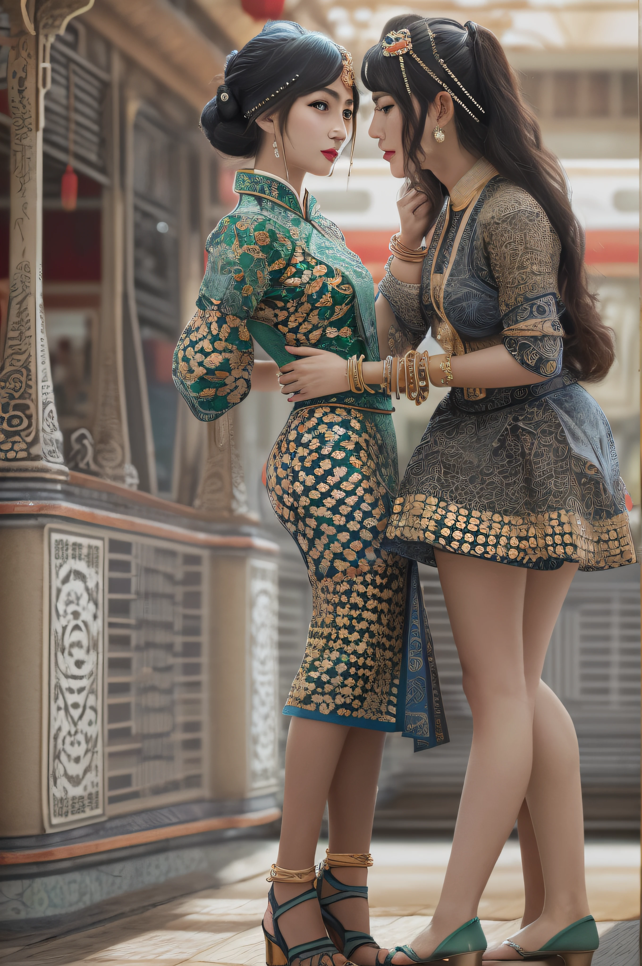 ((Realistic:1.5)),Ulzzang-6500:1.3，((Best quality)), ((Masterpiece)),((Detailed)),2girls,duo,railway station 1920's Shanghai,retro train background:1.4,{2 beautiful women}, (Upper body:1.3),(hair bun,Chinese retro hairpins:1.4),Hug and touch each other breasts while French kissing, Caress your friend's butt, Breathless friends, Biting a friend's earlobe, crouched,super wide shot,Face focus, Long legs,Curvy, Barefoot,Wide hips, Thin legs, Oversized eyes,Long eyelashes, (Detailed face,beautidful eyes, detailed pupils,detailed clothes features), (armlets, bangle:1.3),(Alebriès Art Style),Sharp,Perfect compounding, Intricate, Sharp focus, Dramatic,