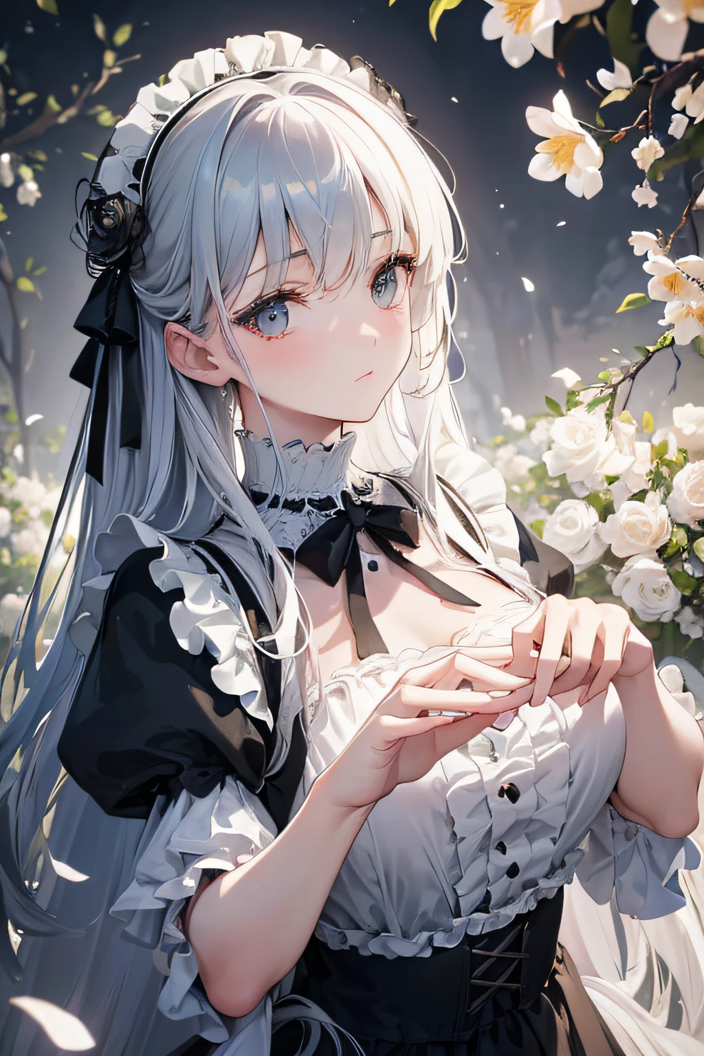 (best quality,4k,8k,highres,masterpiece:1.2),ultra-detailed,(realistic,photorealistic,photo-realistic:1.37),girl,goth,cute,ta,perspective,photo shooting,pose,model,illustration,black and white,vivid colors,soft lighting,fine detailing,lace dress,mysterious,romantic,hauntingly beautiful,fantasy setting,fragile beauty,subtle emotions,vintage feel,dreamlike atmosphere,lush garden background,delicate flowers,long flowing hair,intense gaze,ethereal charm.