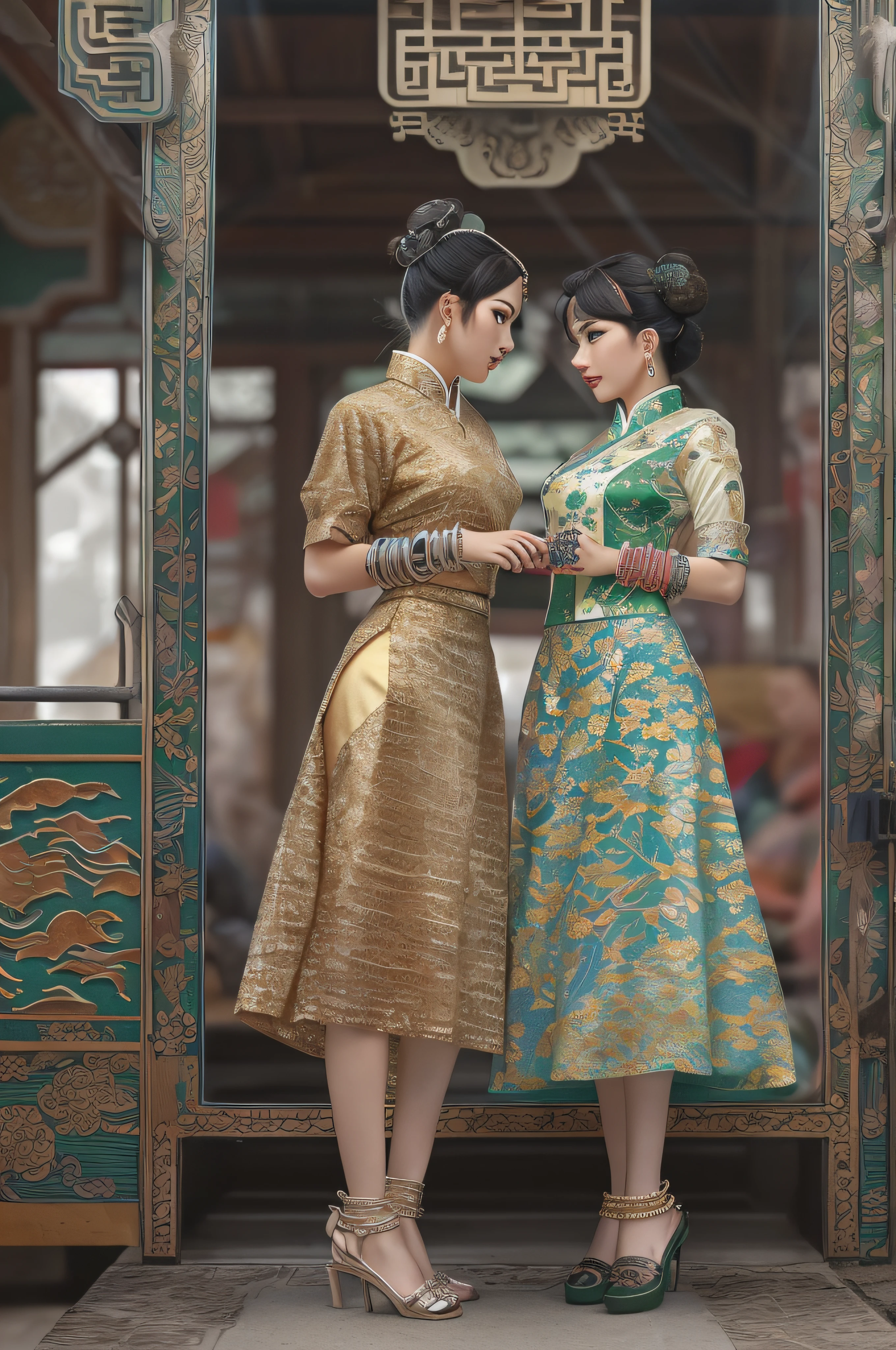 ((Realistic:1.5)),Ulzzang-6500:1.3，((Best quality)), ((Masterpiece)),((Detailed)),2girls,duo,railway station 1920's Shanghai,retro train background:1.4,{2 beautiful women}, (Upper body:1.3),(hair bun,Chinese retro hairpins:1.4),Hug and touch each other breasts while French kissing, Caress your friend's butt, Breathless friends, Biting a friend's earlobe, crouched,super wide shot,Face focus, Long legs,Curvy, Barefoot,Wide hips, Thin legs, Oversized eyes,Long eyelashes, (Detailed face,beautidful eyes, detailed pupils,detailed clothes features), (armlets, bangle:1.3),(Alebriès Art Style),Sharp,Perfect compounding, Intricate, Sharp focus, Dramatic,