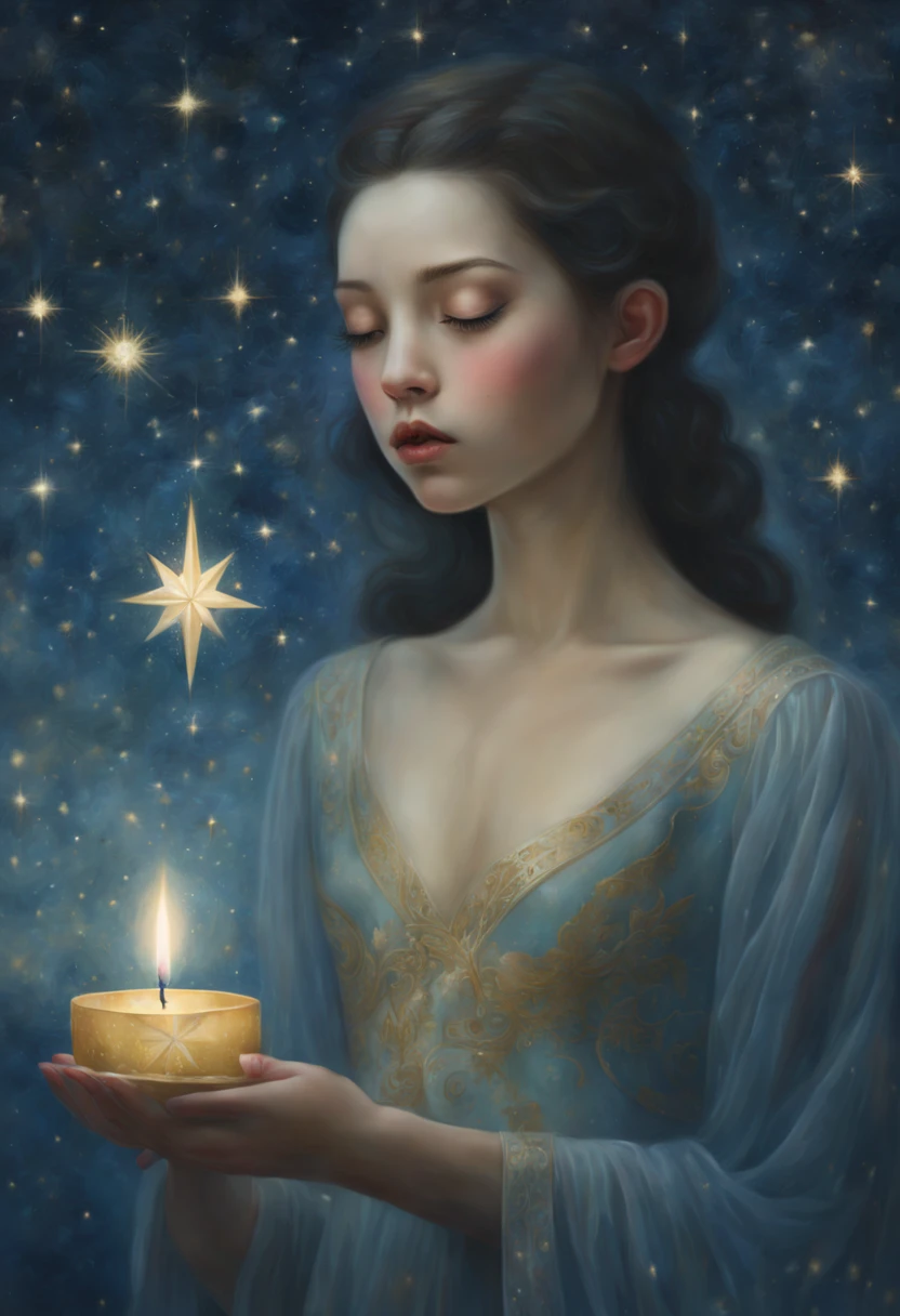 a painting of a woman blowing on a candle, close up of a young girl, Tom Bagshaw , inspired by nicoletta ceccoli, will murai, floating among stars, indigo starry sky, john stephens, by Lin Tinggui, channeling mystical energy, interconnected, gold dust, francesco may wilson, HDRI