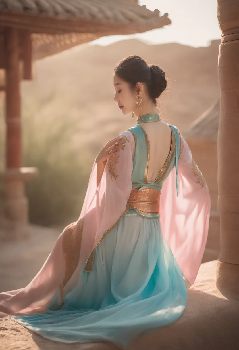 (High-resolution 8K raw photos are realistic,best qualtiy,),((2 women hugging)),(((Gradient Dunhuang costumes))),(Seven-doppelganger shot),(Pink Long Hair),Skinny and small,beautidful eyes,Super detailed face,Beautiful woman,tight-fitting,medium breasts Thin waist,Bigchest,Teenage uncensored,cute female child, lesbian hugging and French kissing caressing boobs, Glowing skin,20yr old,(Loulan Ancient Town，outside，A desert)，Sharpen,Chiffon,Front light，Solo,cleavage，((china goddess))