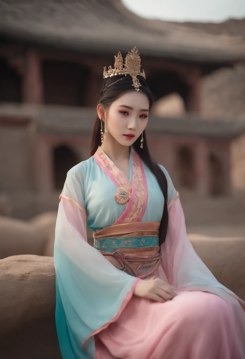 (High-resolution 8K raw photos are realistic,best qualtiy,),((2 women hugging)),(((Gradient Dunhuang costumes))),(Seven-doppelganger shot),(Pink Long Hair),Skinny and small,beautidful eyes,Super detailed face,Beautiful woman,tight-fitting,medium breasts Thin waist,Bigchest,Teenage uncensored,cute female child, lesbian hugging and French kissing caressing boobs, Glowing skin,20yr old,(Loulan Ancient Town，outside，A desert)，Sharpen,Chiffon,Front light，Solo,cleavage，((china goddess))