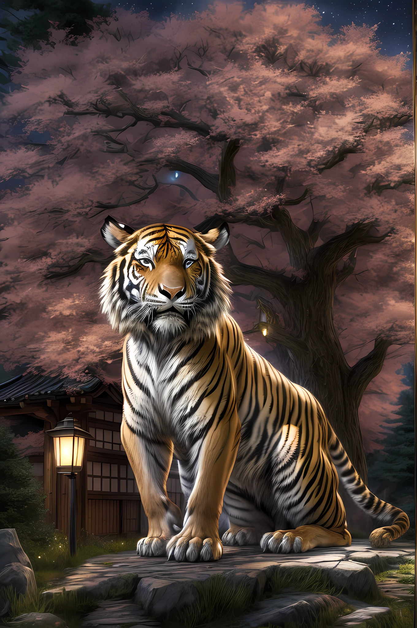 fantasy art, RPG art, an award winning, National Geographic illustration, of an epic saber tooth tiger(best details, Masterpiece, best quality: 1.5) crouching under a massive epic cherry tree (best details, Masterpiece, best quality: 1.5) 16k, ultra detailed, masterpiece, best quality, (extremely detailed) , its night time, moon light, stars light, Japanese Mediaeval street 3d rendering