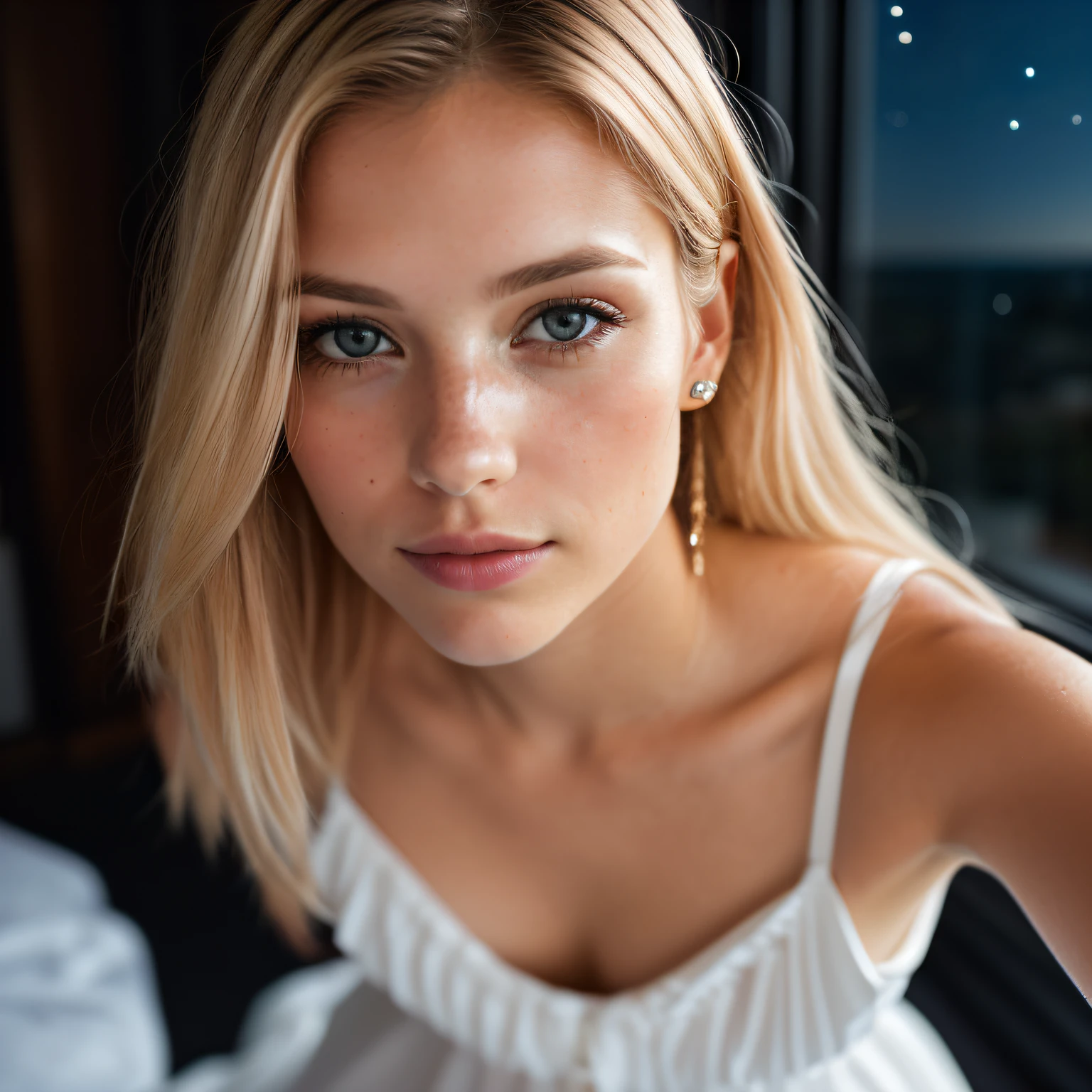 Professional photo from the hips, Beautiful Russian girl, ((blonde)), long blonde hair, athletic build, large breasts, white mini dress, photographed against the backdrop of the Eiffel Tower, sunset, eye contact, looking at the viewer, masterpiece, best quality, perfect  detail, perfect face detail, perfect eye detail, perfect skin detail, depth of field, perfect lighting