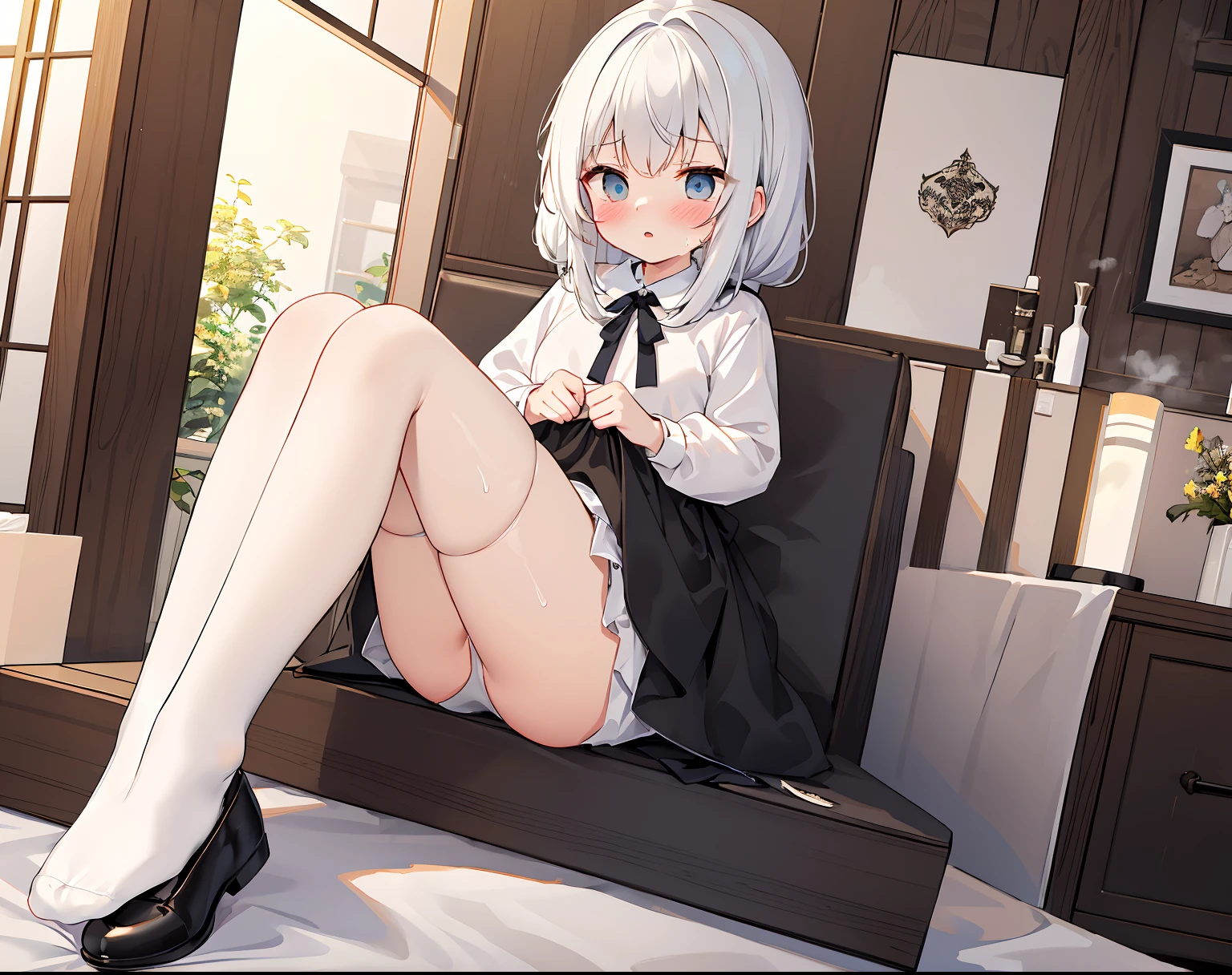 Masterpiece, Best quality, Highly detailed,Masterpiece,Best quality,offcial art,Extremely detailed Cg Unity 8K wallpaper，1girll， old，{white stockings}，shyexpression，A girl takes off her shoes at home，Sweaty feet，Smells like scented socks，Socks that emit steam，Steamed shoes，Socks stained with black dirt，