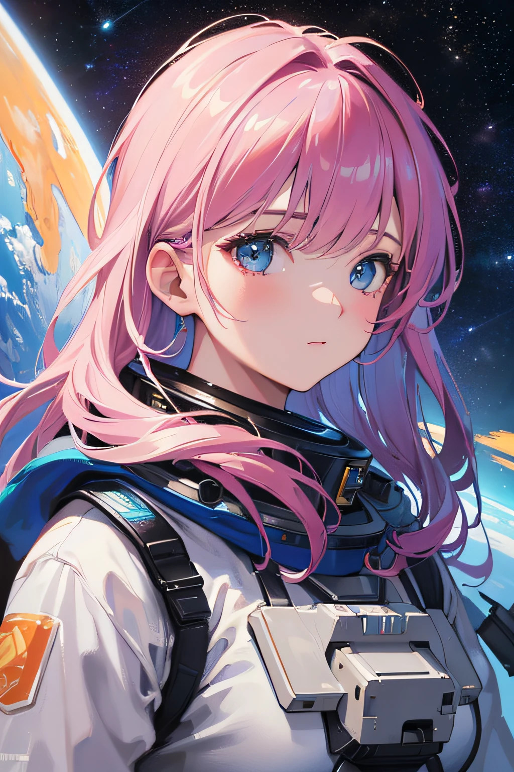 (best quality,4k,8k,highres,masterpiece:1.2),ultra-detailed,(realistic,photorealistic,photo-realistic:1.37),girl, aesthetic, in space, astronaut, girl, colorful, oil painting style, soft lighting, vibrant colors, galaxy background, ethereal atmosphere, flowing hair, dreamy expression