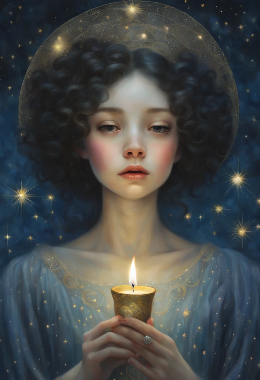 a painting of a woman blowing on a candle, close up of a young  girl, Tom Bagshaw , inspired by nicoletta ceccoli, will murai, floating among stars, indigo starry sky, john stephens, by Lin Tinggui, channeling mystical energy, interconnected, gold dust, francesco may wilson, HDRI