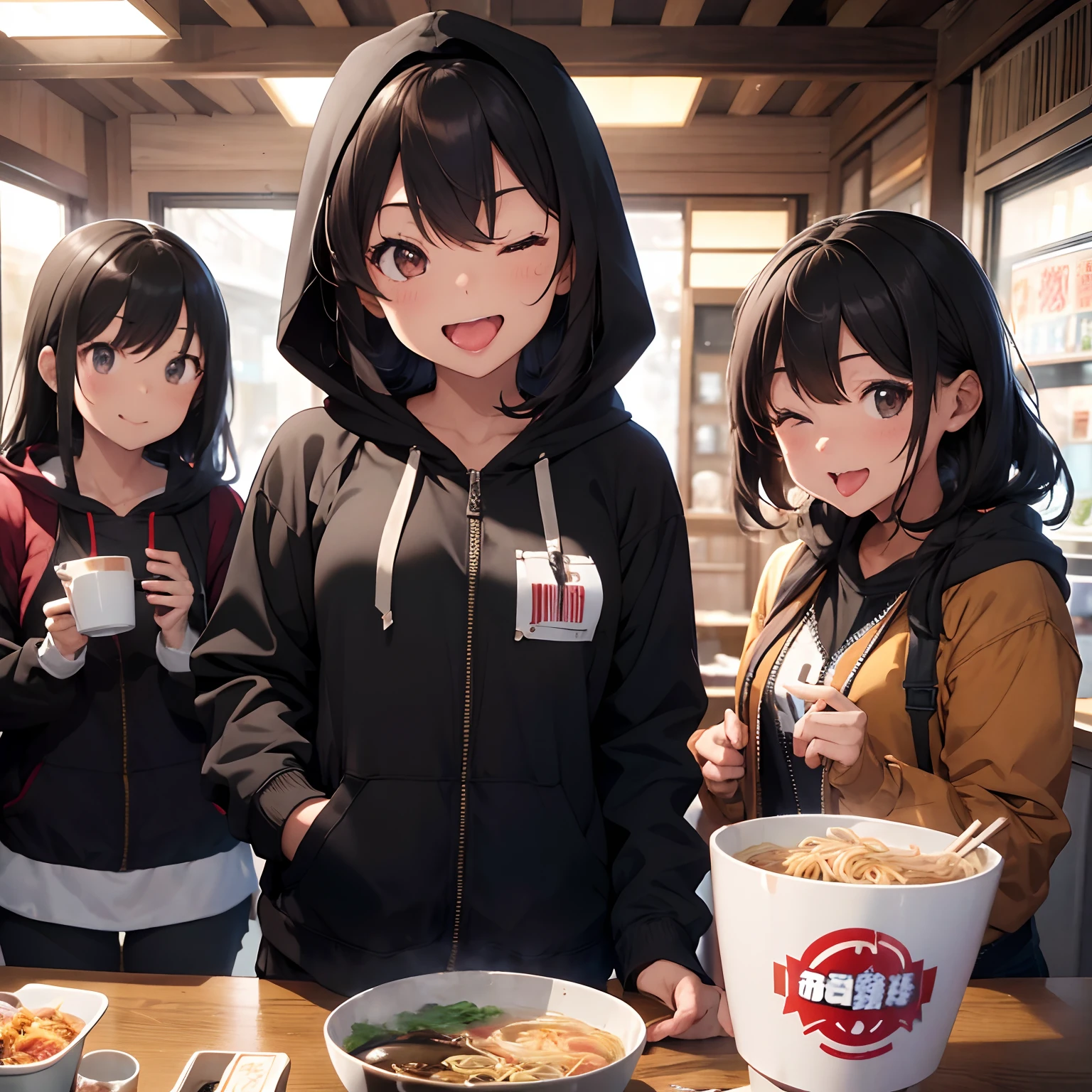 hood, one eye closed, 1girl, female focus, smile, tongue, looking at viewer, hoodie, hood up, solo, black hoodie, tongue out, open mouth, cup ramen, teeth, chopsticks, food, black hair, jacket, brand name imitation, noodles, upper body, pants, ;d, hooded jacket, hand in pocket, product placement