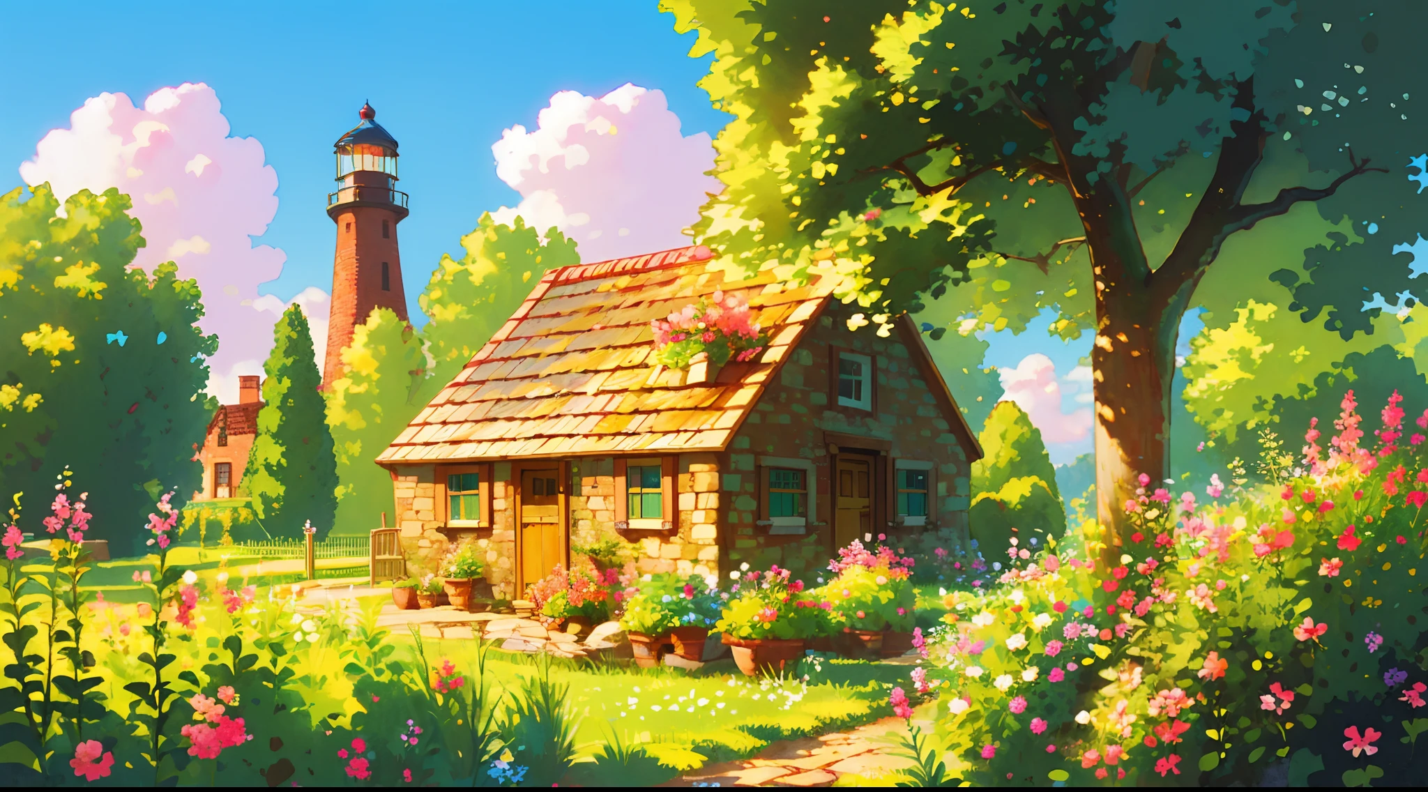 (((high quality))), detailed lighthouse,extremely detailed cliff under small apple tree,high resolution,absurd,high saturation,clear,rational construction,cartoon style,brick wall,building,bush,day,door, fence,field,flower, flower_field, garden, path, pink flower, grass, nature, house, no_humans, plant, potted plant