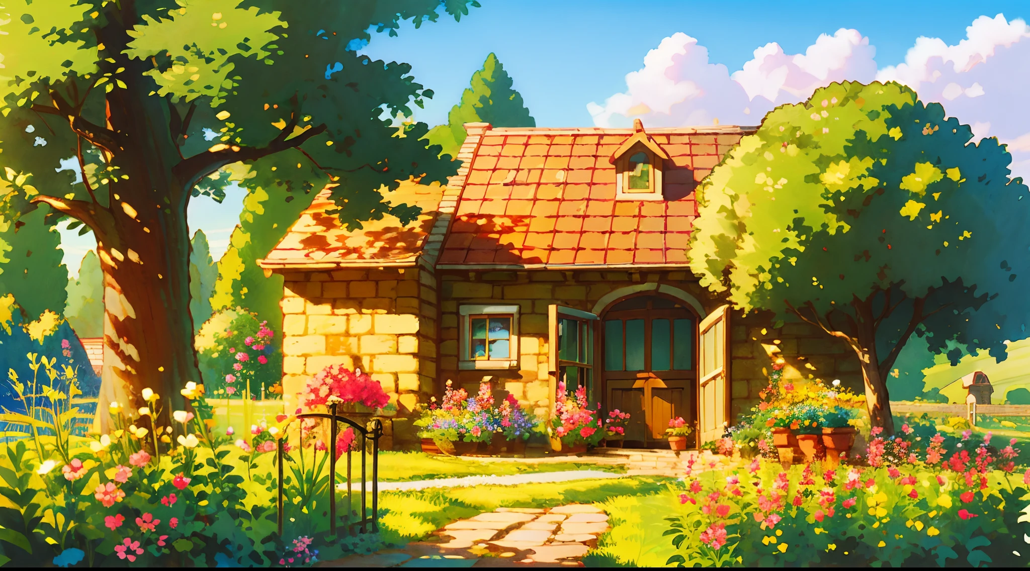 (((high quality))), detailed lighthouse,extremely detailed cliff under small apple tree,high resolution,absurd,high saturation,clear,rational construction,cartoon style,brick wall,building,bush,day,door, fence,field,flower, flower_field, garden, path, pink flower, grass, nature, house, no_humans, plant, potted plant