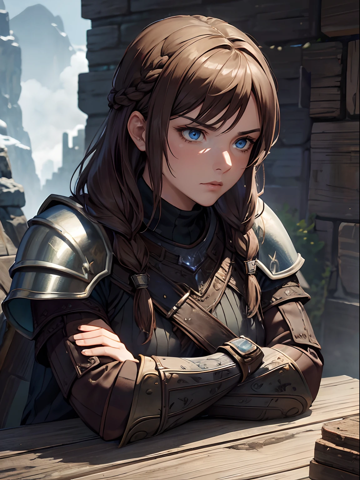 girl, frontal position, close up, sharp eyes, freckles, scared, brown hair, braids, blood, black armor, black breastplate, black shirt, compression shirt, black skirt, long skirt, best quality, expressive eyes, perfect face, masterpiece, 4K, 8K