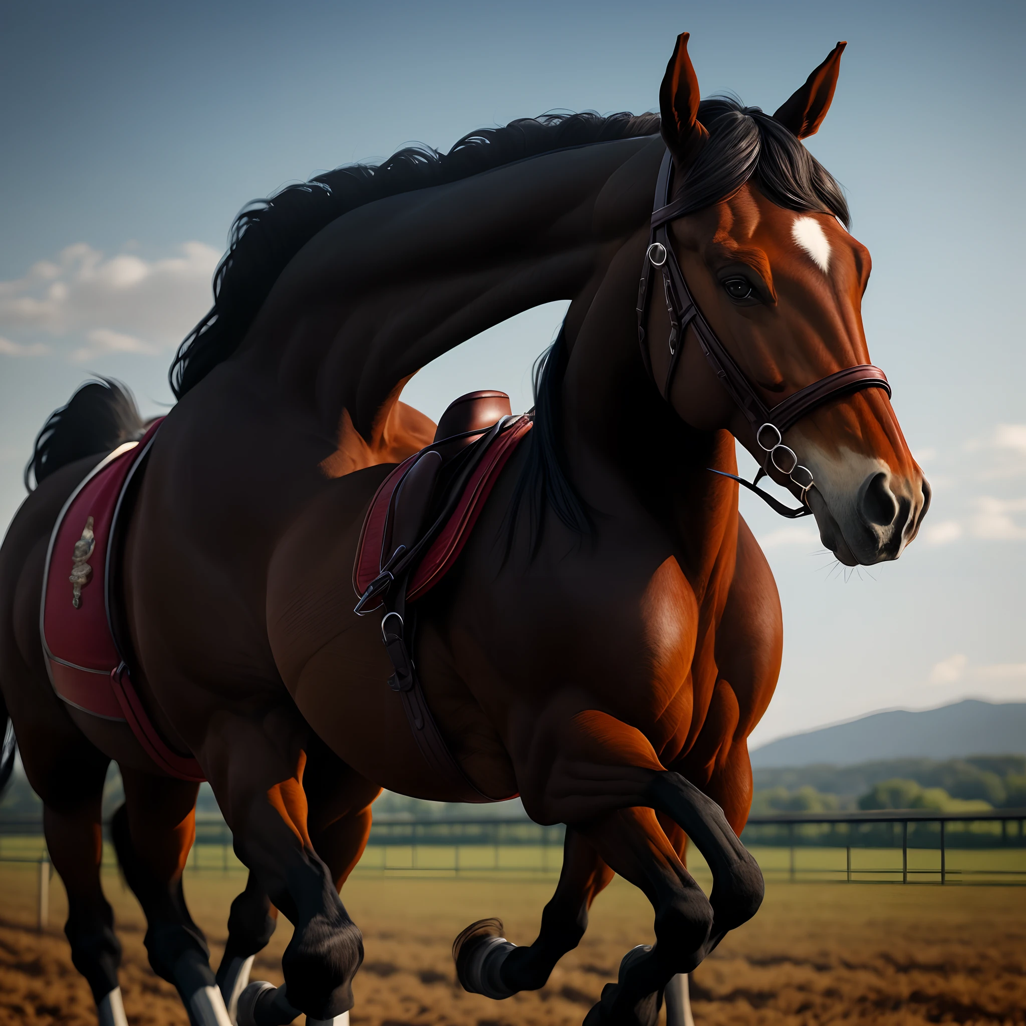 big Belgian draft horse mare (side view). big bum. very short tail. horse facing horizon . flat grass meadow. steaming horse dung behind horse. cloudless blue sky. full figured African woman riding horse.