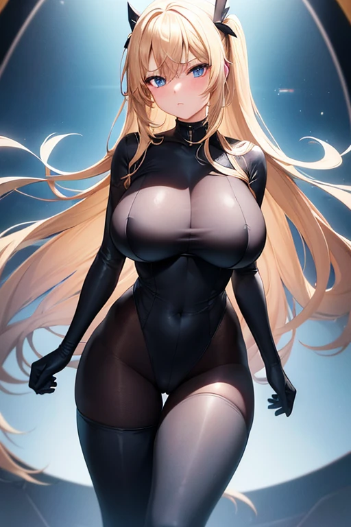 1girl, blonde hair, large breasts, breasts, thick thighs, wide hips, blue eyes, bodysuit, black bodysuit, pantyhose, long hair, serious, science-fiction, tech, futuristic, black pantyhose, thighhighs, neon, machinery, hair ornament, ornament, neon trim, an8me style, 2d, anime screencap