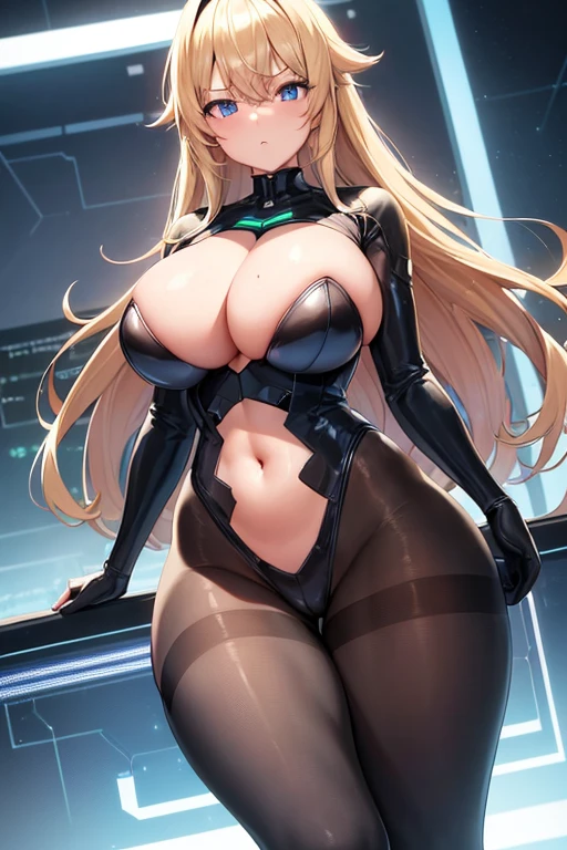 1girl, blonde hair, large breasts, breasts, thick thighs, wide hips, blue eyes, bodysuit, black bodysuit, pantyhose, long hair, serious, science-fiction, tech, futuristic, black pantyhose, thighhighs, neon, machinery, hair ornament, ornament, neon trim, an8me style, 2d, anime screencap