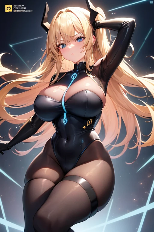 1girl, blonde hair, large breasts, breasts, thick thighs, wide hips, blue eyes, bodysuit, black bodysuit, pantyhose, long hair, serious, science-fiction, tech, futuristic, black pantyhose, thighhighs, neon, machinery, hair ornament, ornament, neon trim, an8me style, 2d, anime screencap