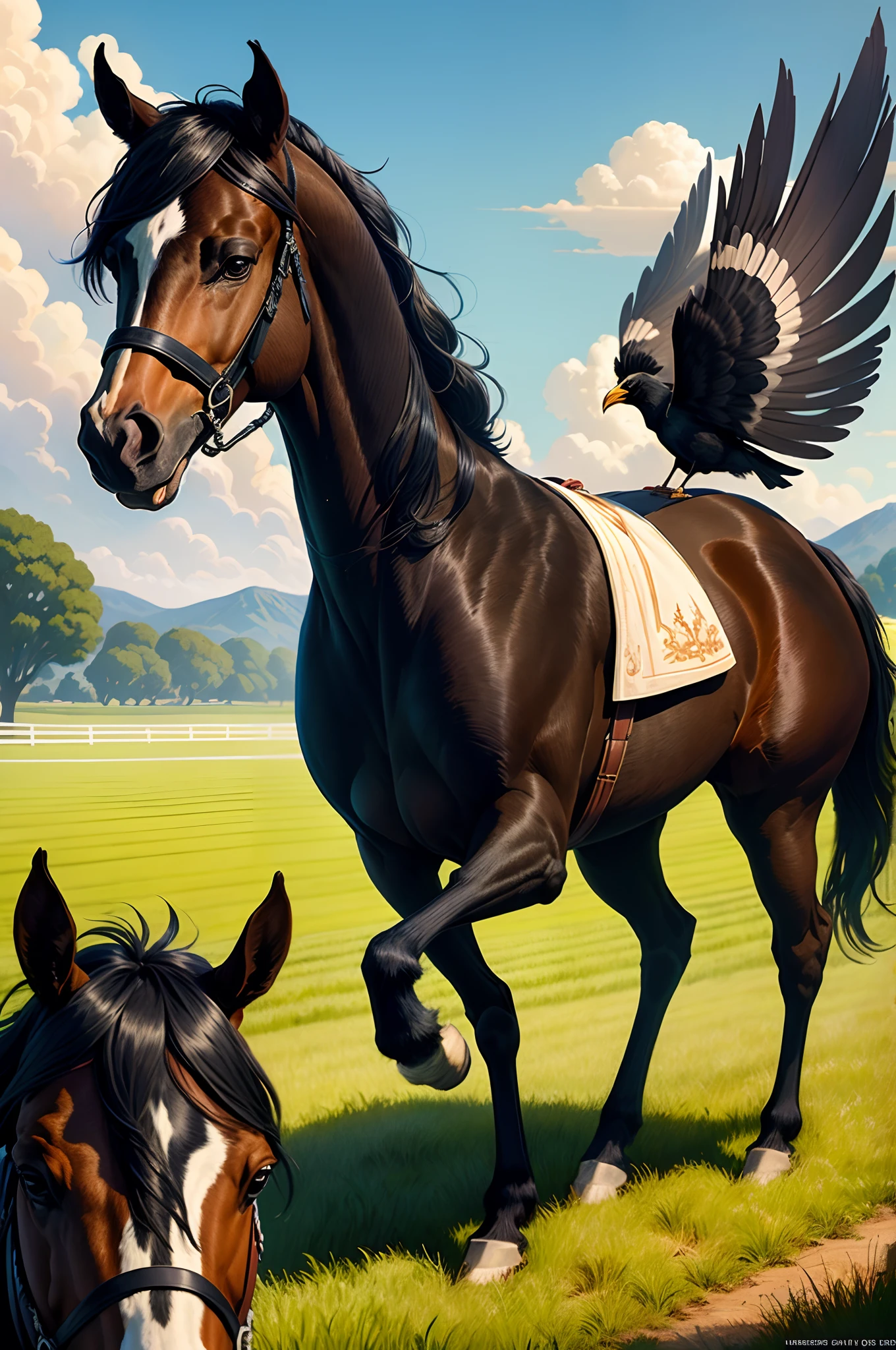 Disney Pixar style poster of a black Magpie horse with a black mane of French saddle breed is a light brown hair rider on the background of a large green meadow named Zaldia.