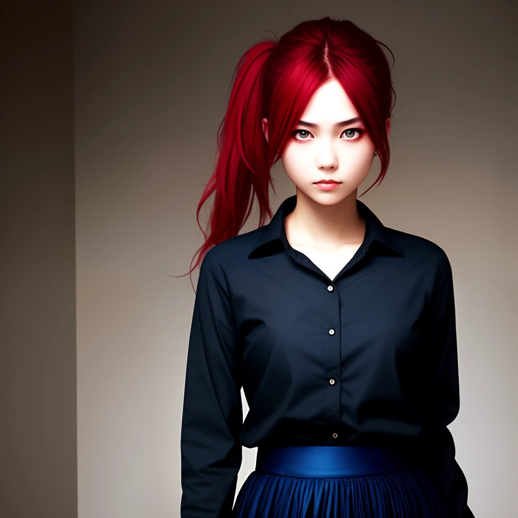 Red haired girl in a ponytail one white eye and one black eye demon and wearing a dark blue skirt with a black shirt with long sleeves
